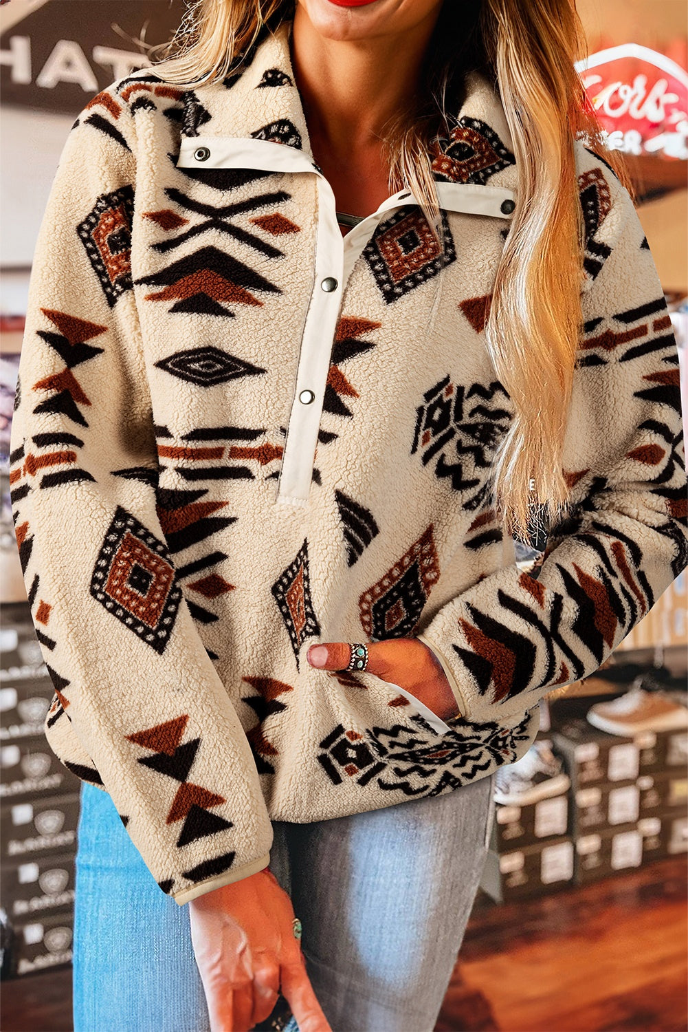 Beige Western Aztec Half Zip Plush Sweatshirt-Tops/Sweatshirts & Hoodies-[Adult]-[Female]-Beige-S-2022 Online Blue Zone Planet