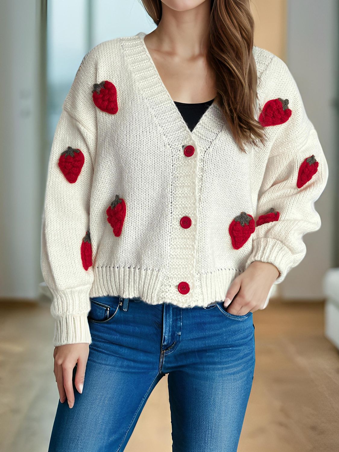 Crochet Strawberry V-Neck Long Sleeve Cardigan-NEW ARRIVALS-[Adult]-[Female]-2022 Online Blue Zone Planet