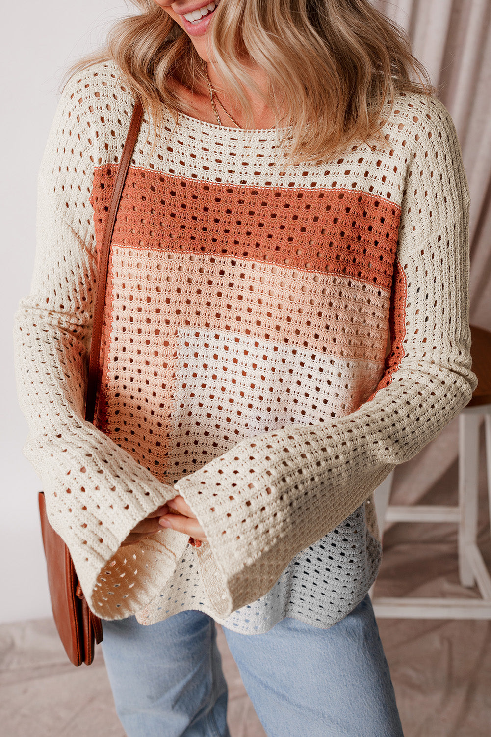 Apricot Pointelle Knit Colorblock Baggy Sweater-Sale (50% OFF)/30% OFF-[Adult]-[Female]-2022 Online Blue Zone Planet
