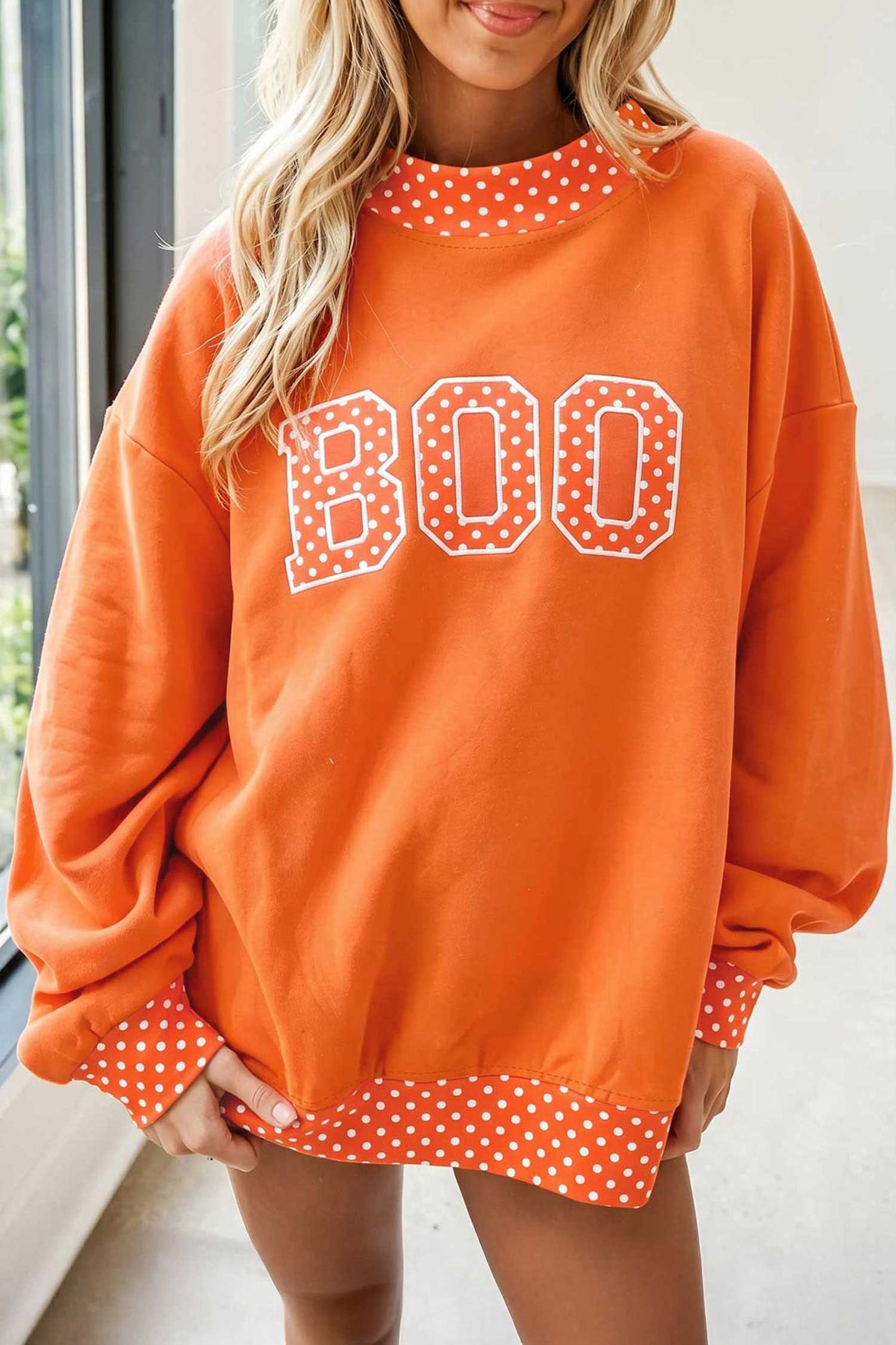 Grapefruit Orange Polka Dot Letter Print Contrast Trim Mock Neck Sweatshirt-Tops/Sweatshirts & Hoodies-[Adult]-[Female]-Grapefruit Orange-S-2022 Online Blue Zone Planet