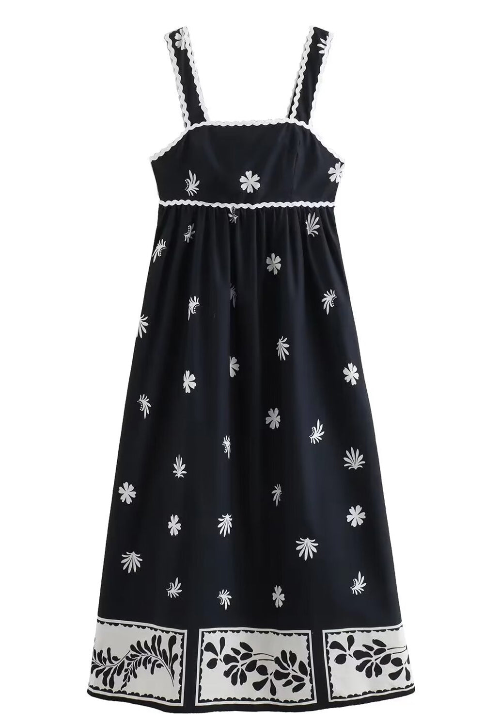 Black Floral Ricrac Sleeveless High Waist Midi Dress-Midi Dresses-[Adult]-[Female]-2022 Online Blue Zone Planet