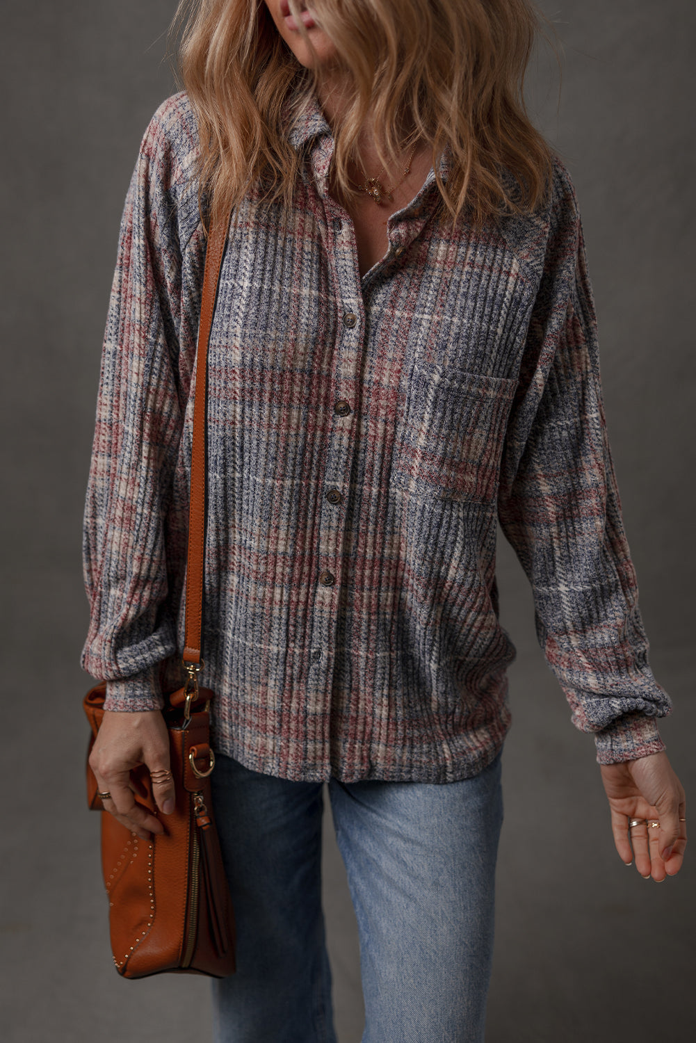 Multicolour Plaid Textured Chest Pocket Vintage Shirt-Tops/Blouses & Shirts-[Adult]-[Female]-2022 Online Blue Zone Planet