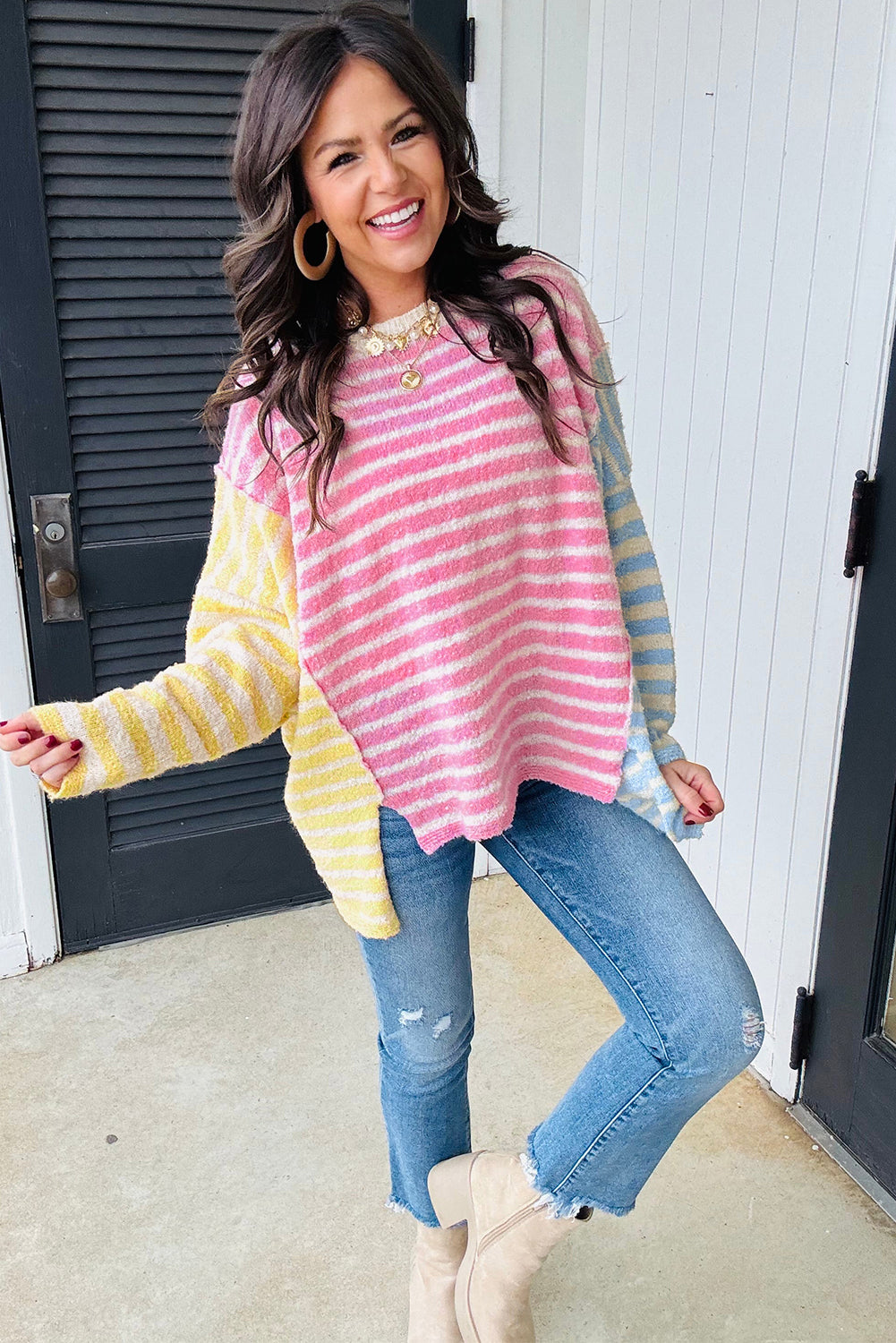 Multicolour Color Block Striped Patchwork Dolman Sleeve Slit Sweater-TOPS / DRESSES-[Adult]-[Female]-2022 Online Blue Zone Planet
