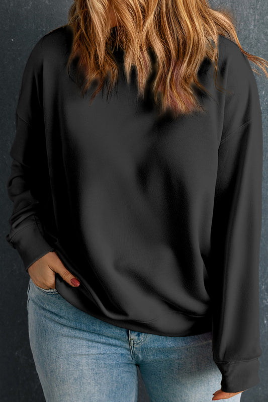 Black Solid Crew Neck Drop Shoulder Plus Size Sweatshirt-Plus Size/Plus Size Sweatshirts & Hoodies-[Adult]-[Female]-Black-1X-2022 Online Blue Zone Planet