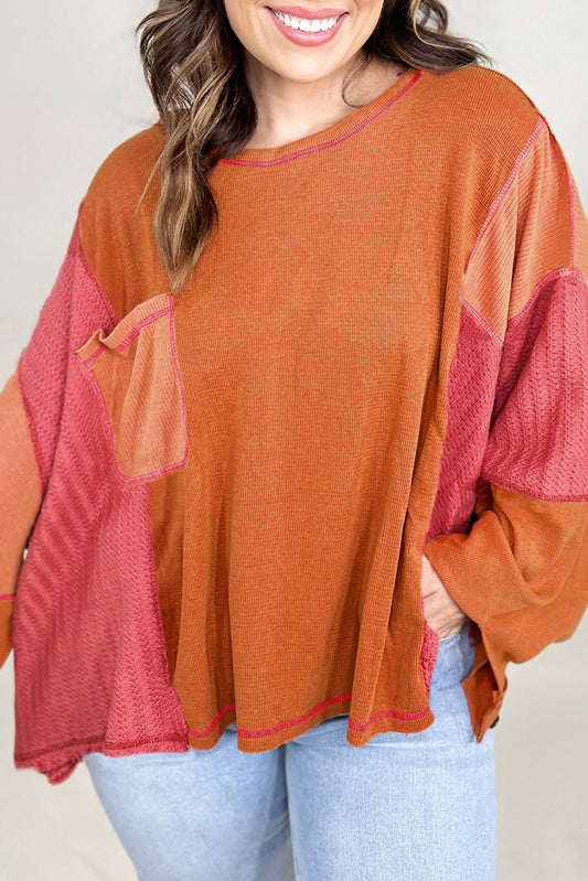 Blue Zone Planet |  Orange Textured Knit Color Block Patchwork Chest Pocket Plus Size Top