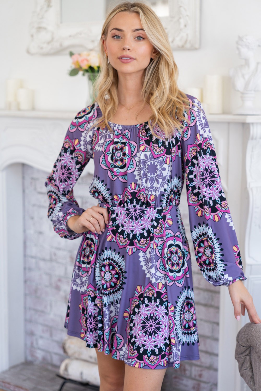 White Birch Printed Long Sleeve Mini Dress with Short Liner-TOPS / DRESSES-[Adult]-[Female]-2022 Online Blue Zone Planet