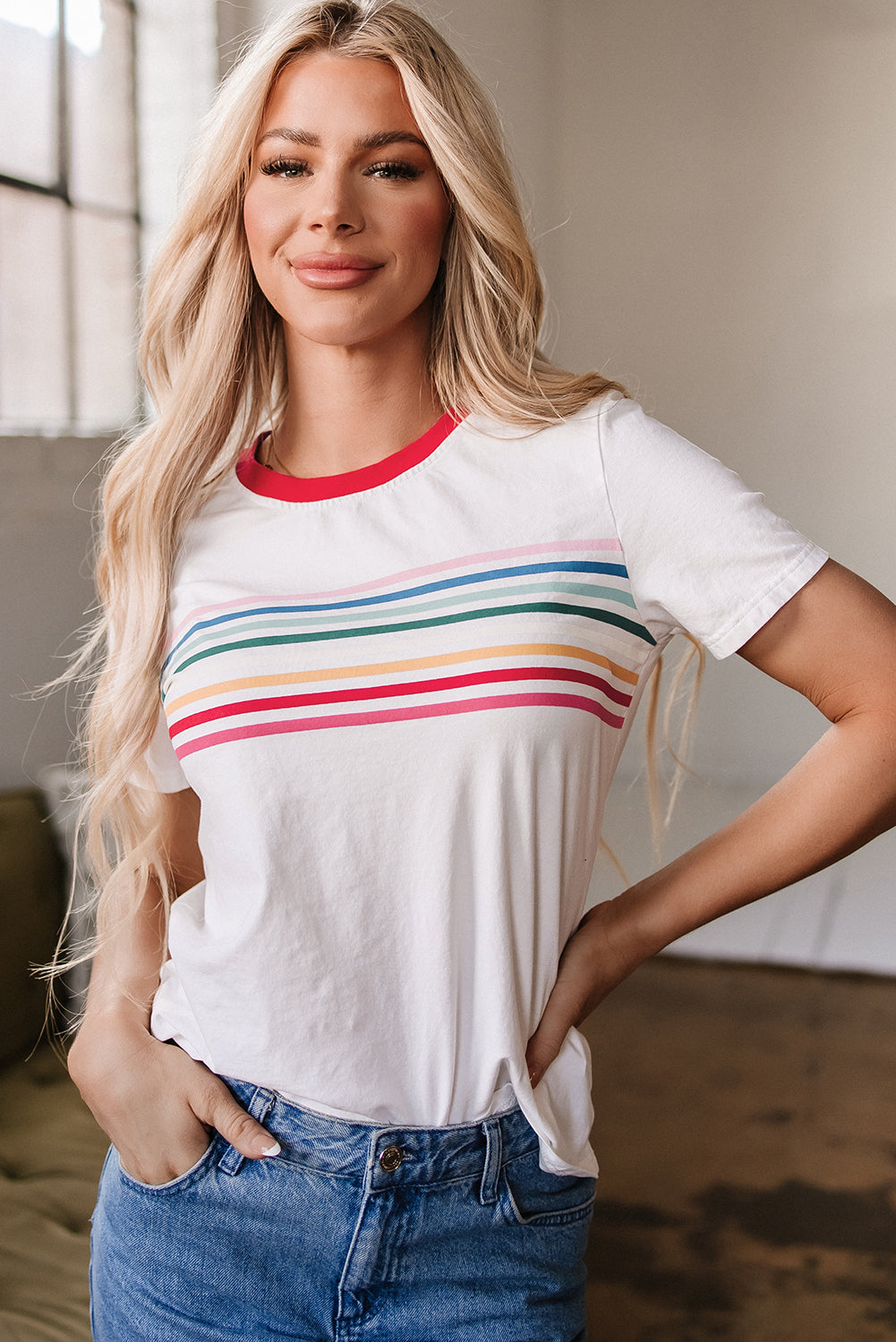 White Rainbow Stripe Print Contrast Crewneck T Shirt-Tops/Tops & Tees-[Adult]-[Female]-2022 Online Blue Zone Planet