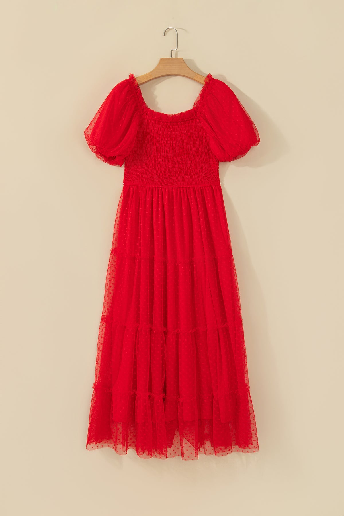 Fiery Red Tiered Tulle Smocked Bodice Puff Sleeve Dress-TOPS / DRESSES-[Adult]-[Female]-2022 Online Blue Zone Planet