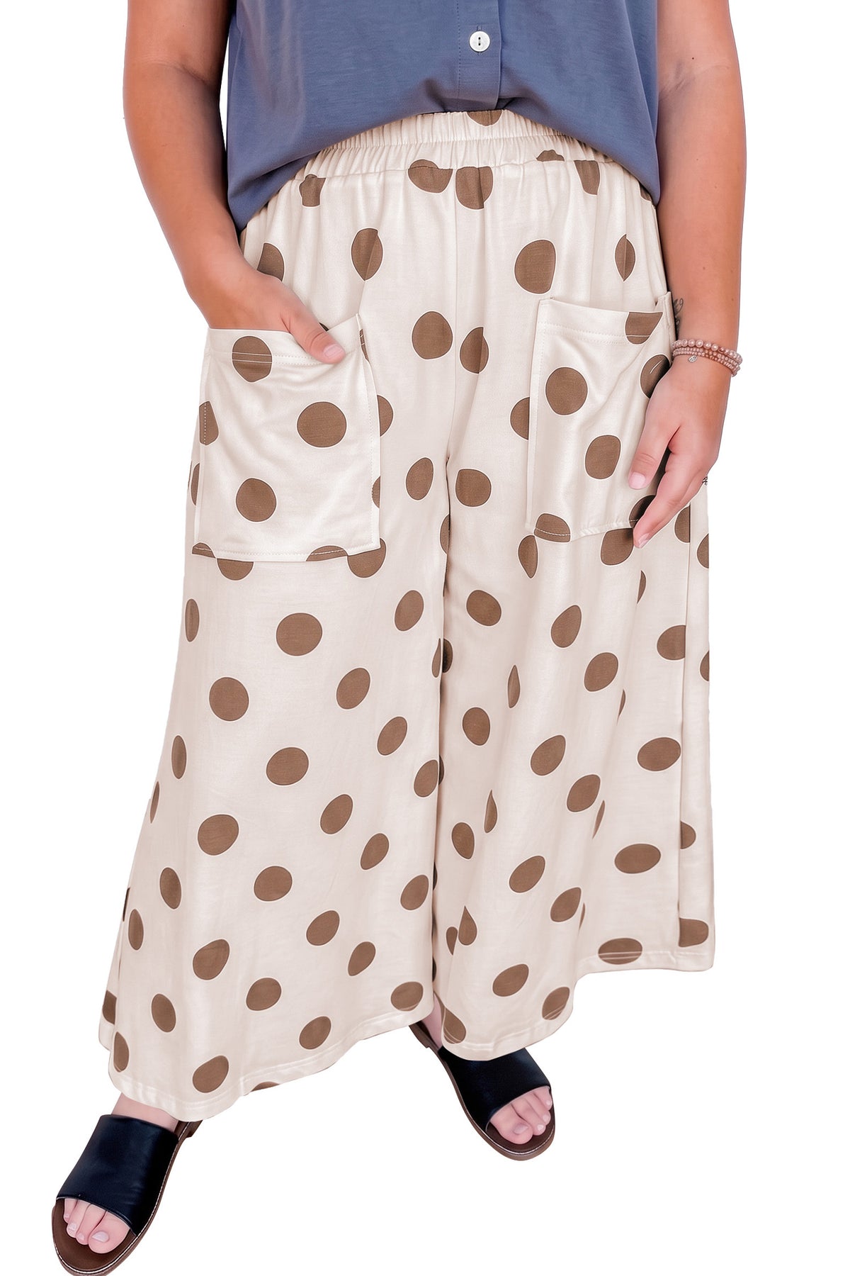 Khaki Polka Dot Elastic Waist Wide Leg Plus Size Pants-Plus Size/Plus Size Bottoms-[Adult]-[Female]-2022 Online Blue Zone Planet