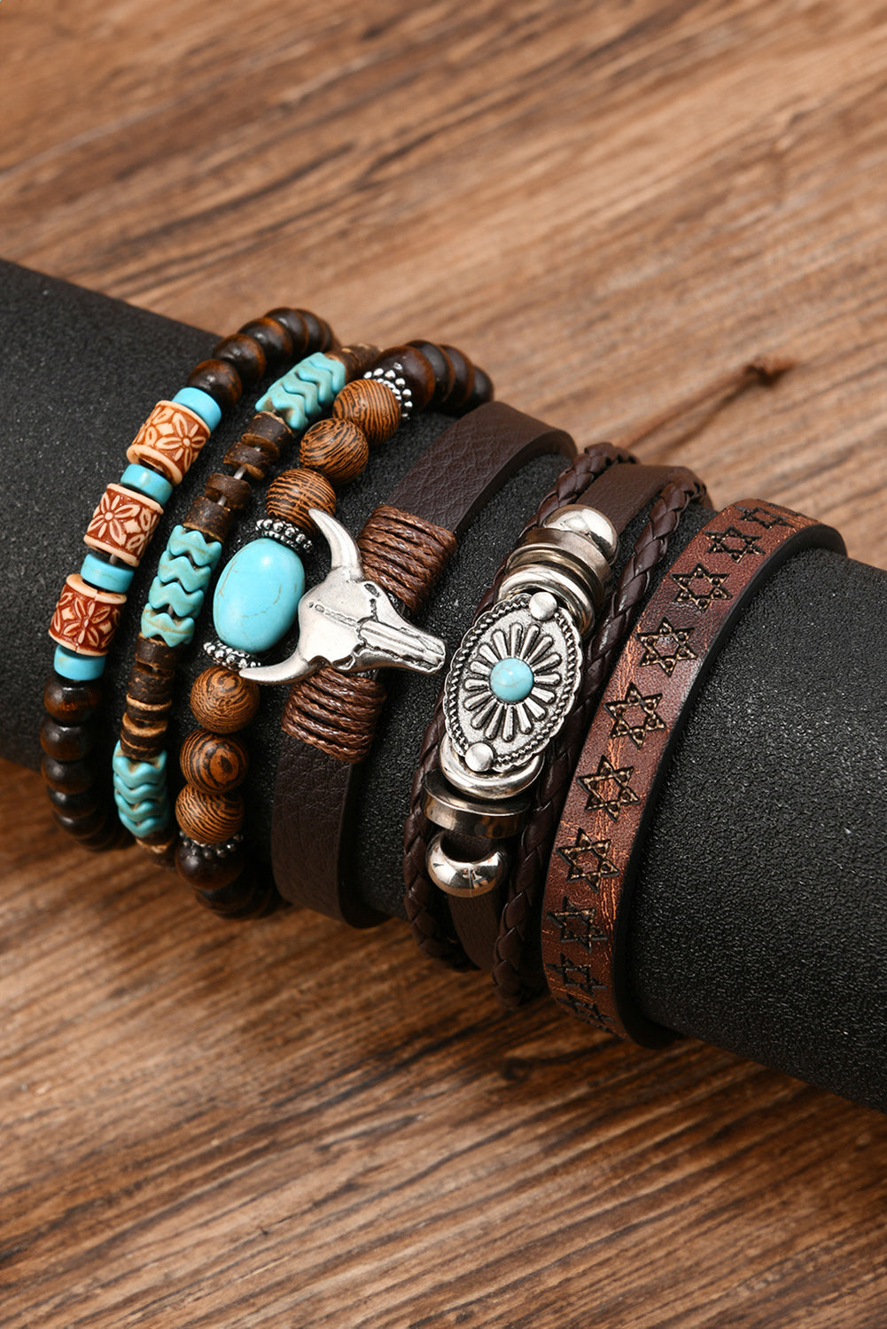 Chestnut 6 Piece Western Bull Skull Turquoise Beading Bracelet-Accessories/Jewelry-[Adult]-[Female]-2022 Online Blue Zone Planet