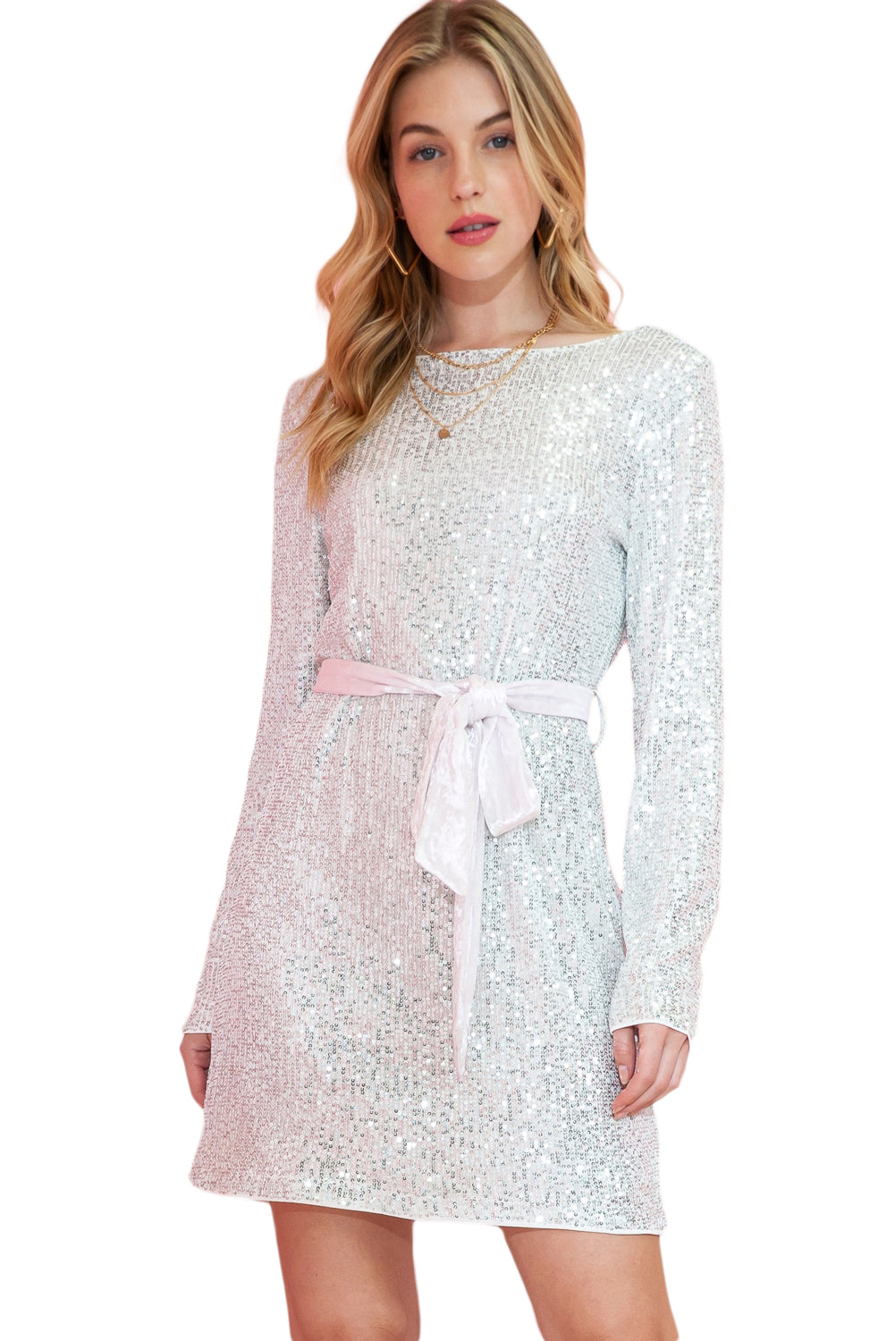 Silvery Sequin Long Sleeve Tie Waist Mini Dress-Short Dresses-[Adult]-[Female]-2022 Online Blue Zone Planet