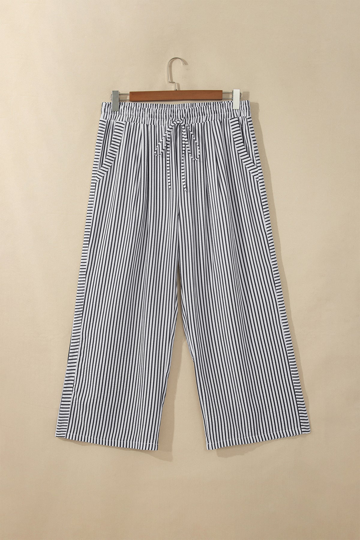 Black Stripe Plus Size Tie Waist Loose Pants-Plus Size/Plus Size Bottoms-[Adult]-[Female]-2022 Online Blue Zone Planet