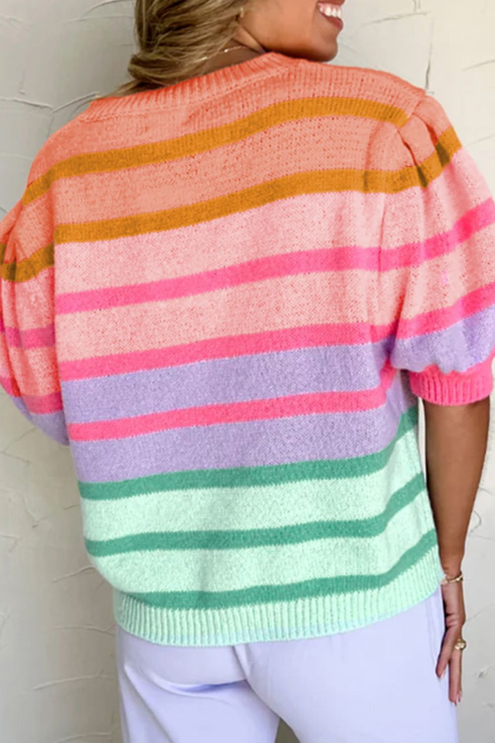 Striped Round Neck Half Sleeve Sweater-TOPS / DRESSES-[Adult]-[Female]-2022 Online Blue Zone Planet