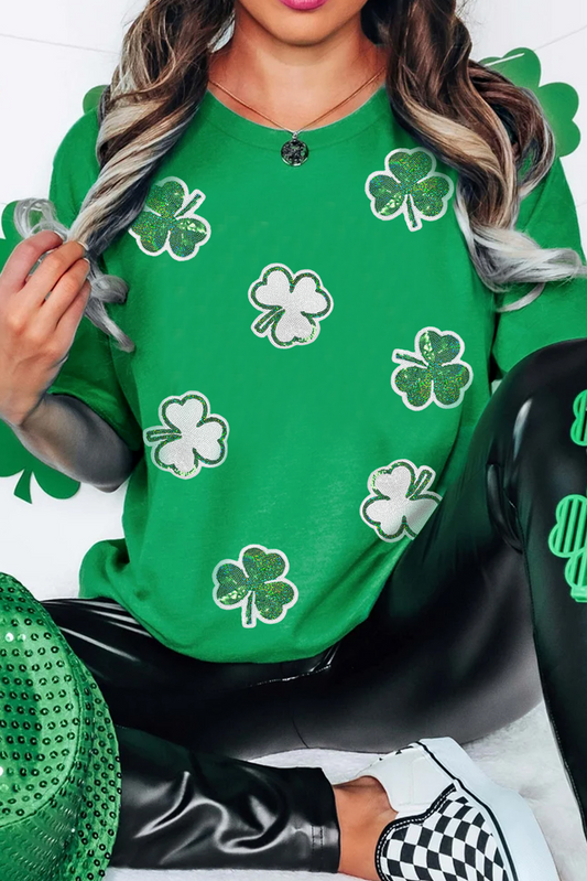 Bright Green St Patricks Sequined Clover Pattern T Shirt-Graphic/Graphic Tees-[Adult]-[Female]-Bright Green-S-2022 Online Blue Zone Planet