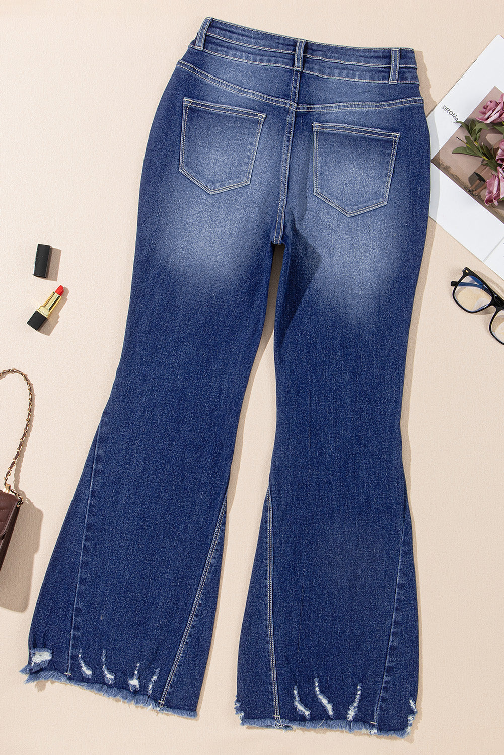 Sail Blue High Rise Dual Button Distressed Raw Hem Flared Jeans-Jeans-[Adult]-[Female]-2022 Online Blue Zone Planet