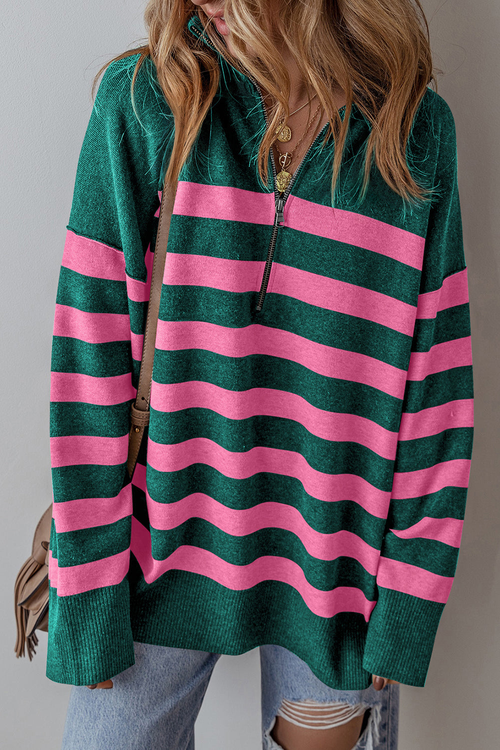 Black Stripe Collared Quarter Zipper Oversized Sweater-Sweaters & Cardigans/Sweaters-[Adult]-[Female]-Green-S-2022 Online Blue Zone Planet