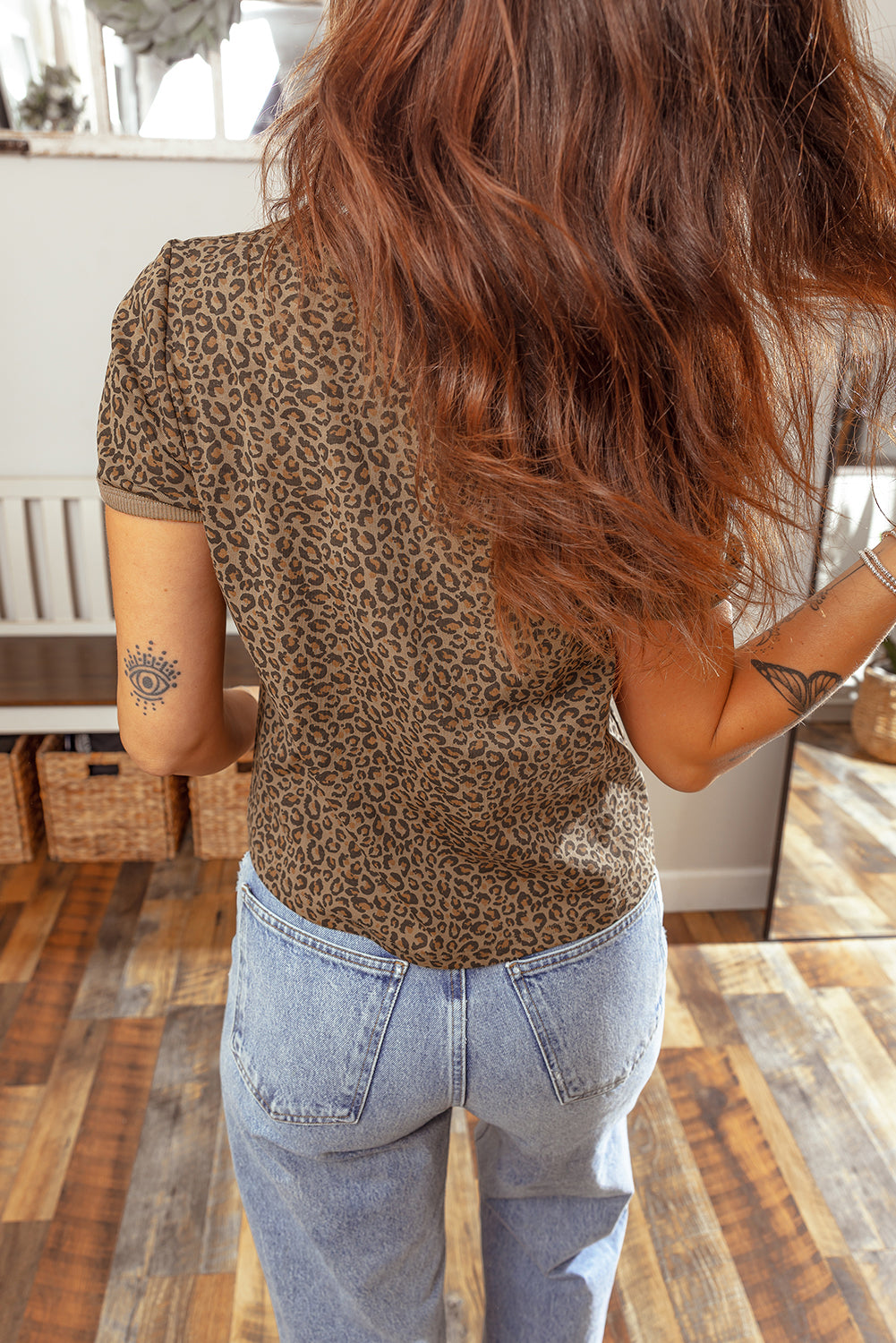 Khaki Fierce Leopard Crew Neck T Shirt-Tops/Tops & Tees-[Adult]-[Female]-2022 Online Blue Zone Planet