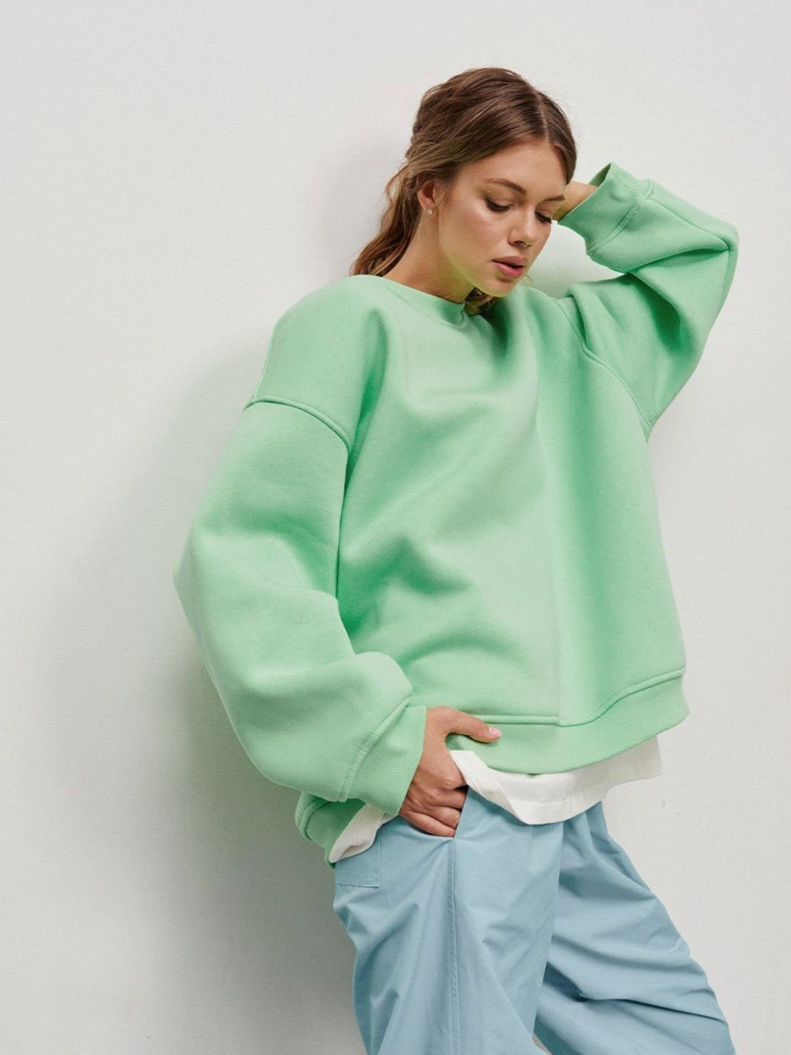 Oversize Round Neck Dropped Shoulder Sweatshirt-TOPS / DRESSES-[Adult]-[Female]-Neon Green-M-2022 Online Blue Zone Planet