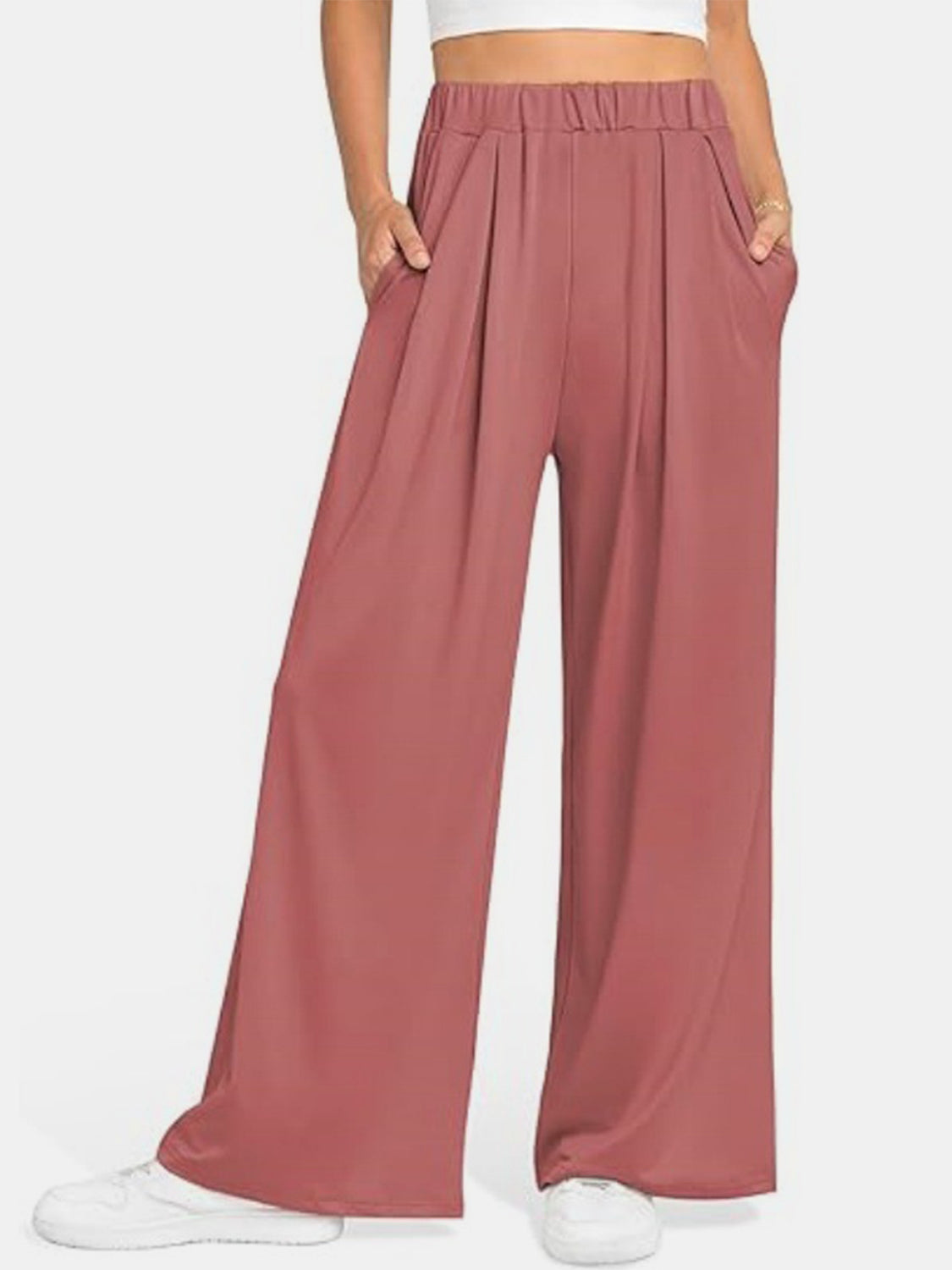 Elastic Waist Wide Leg Pants-BOTTOMS SIZES SMALL MEDIUM LARGE-[Adult]-[Female]-Burnt Coral-XS-2022 Online Blue Zone Planet