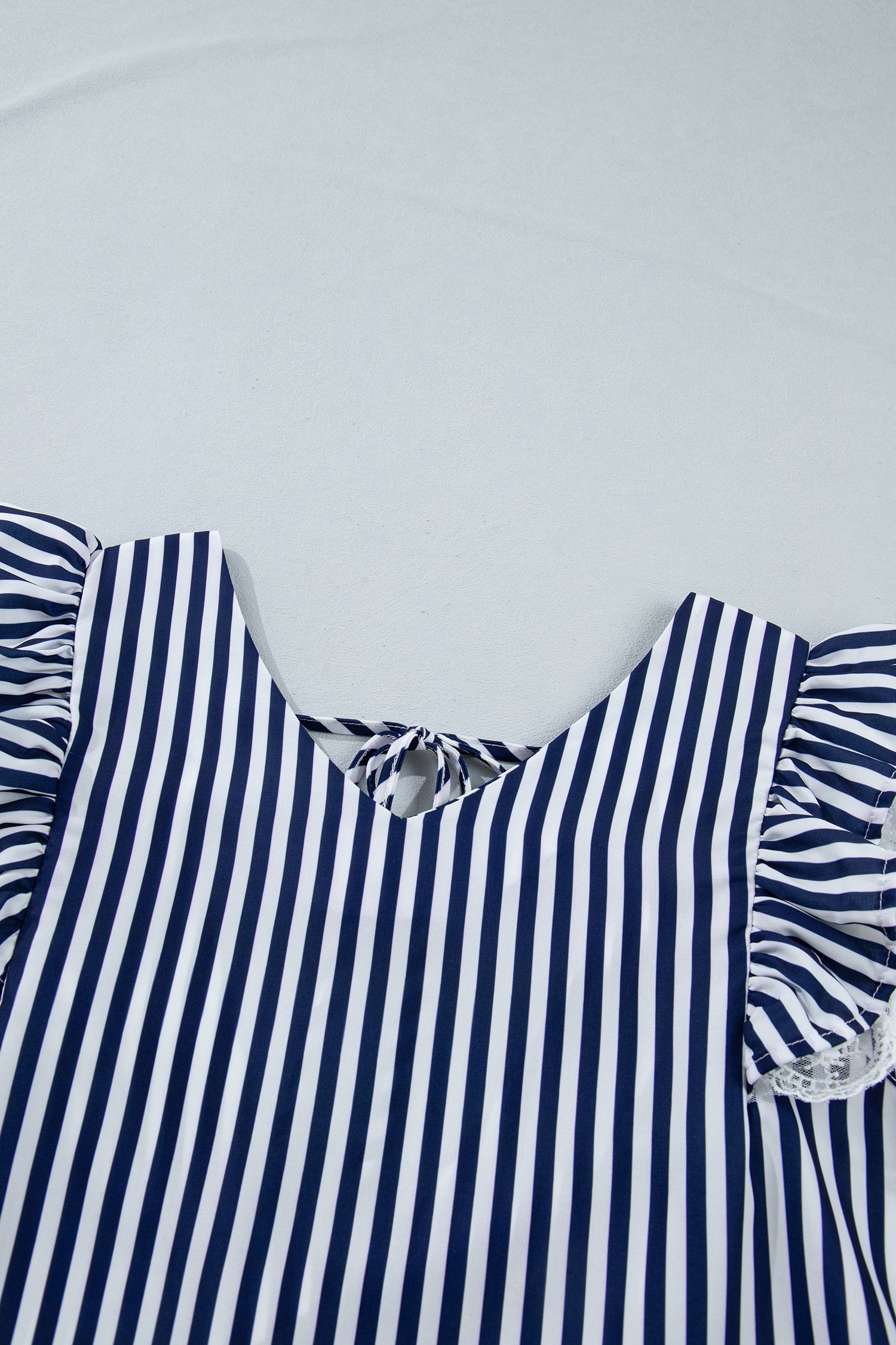 Blue Stripe V Neck Lace Contrast Ruffle Trim Tank Top-Tops/Tank Tops-[Adult]-[Female]-2022 Online Blue Zone Planet