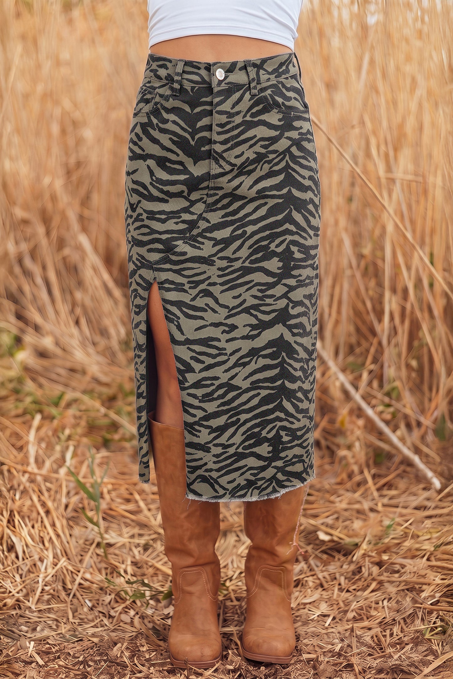Brown Leopard Print Side Split Frayed Hem Denim Midi Skirt-Bottoms/Skirts & Petticoat-[Adult]-[Female]-2022 Online Blue Zone Planet