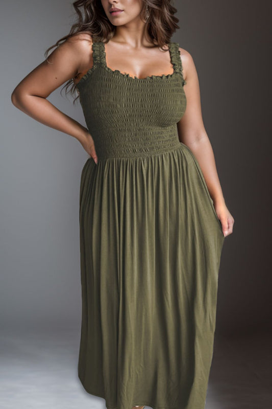 Blue Zone Planet | Plus Size Smocked Square Neck Maxi Dress-TOPS / DRESSES-[Adult]-[Female]-Army Green-1XL-2022 Online Blue Zone Planet