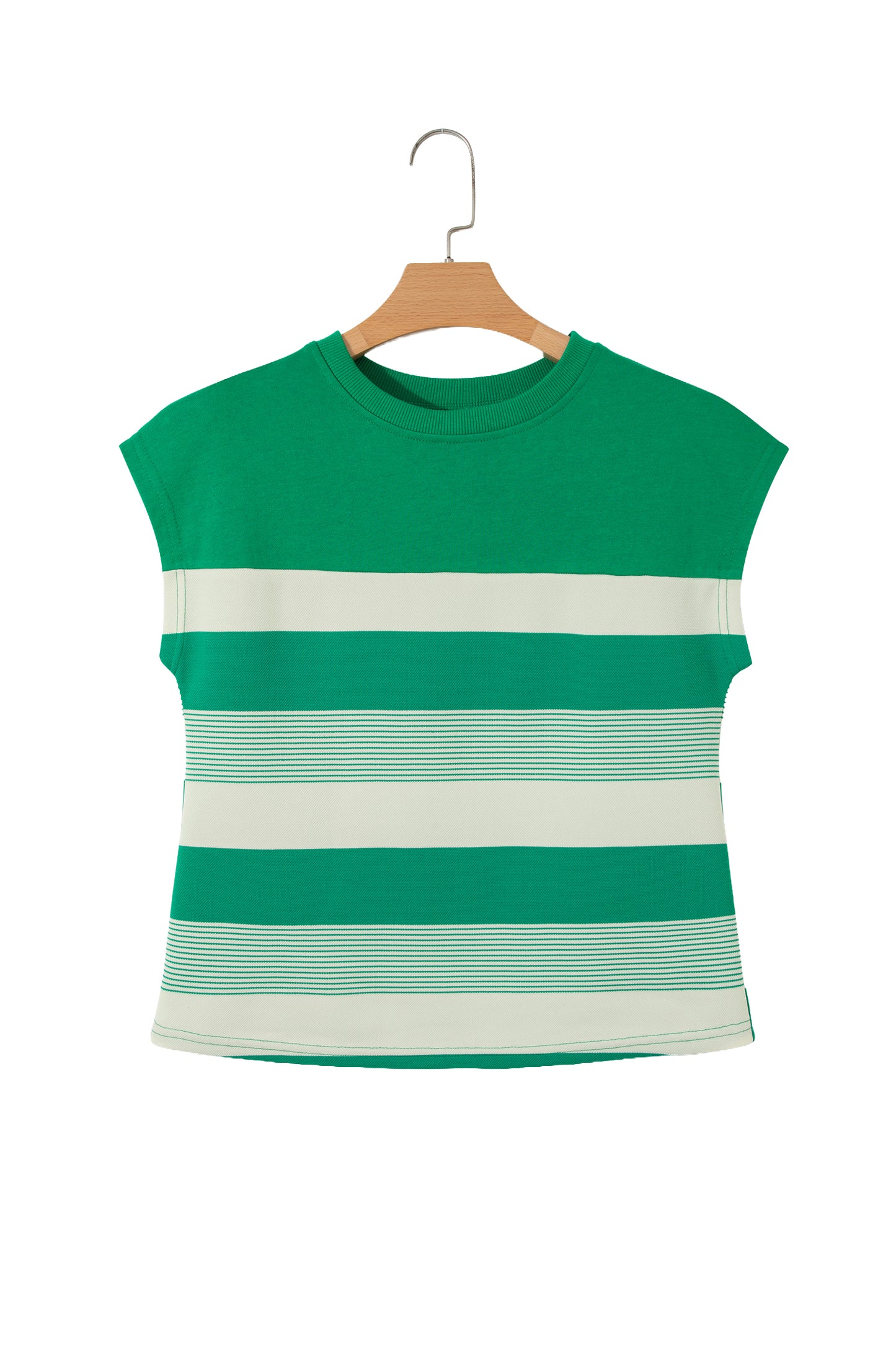 Green Stripe Mixed Print Crew Neck Cap Sleeve T Shirt-Tops/Tops & Tees-[Adult]-[Female]-2022 Online Blue Zone Planet
