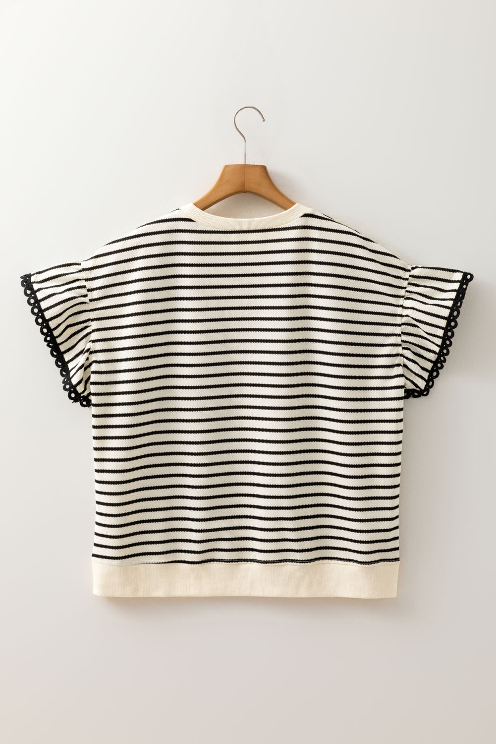 Black Stripe Eyelet Trimmed Ruffled Short Sleeve Plus Size Top-Plus Size/Plus Size Tops/Plus Size Tops & Tees-[Adult]-[Female]-2022 Online Blue Zone Planet