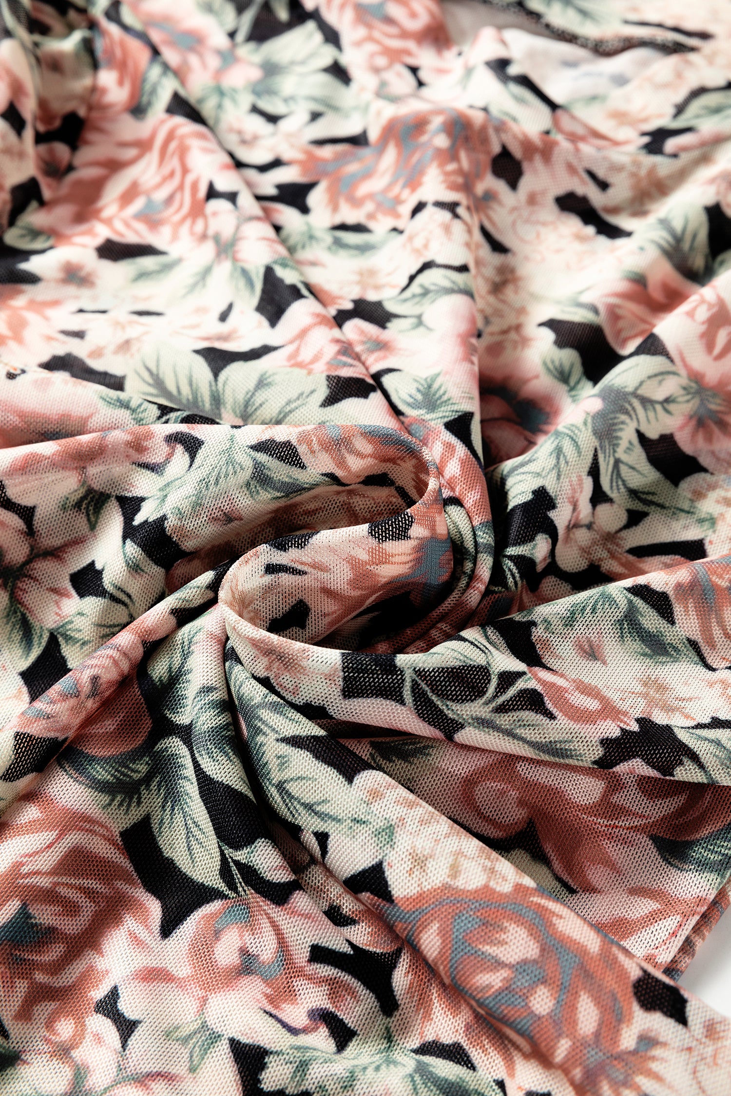 White Retro Floral Print Mock Neck Mesh Long Sleeve Top-Tops/Long Sleeve Tops-[Adult]-[Female]-2022 Online Blue Zone Planet