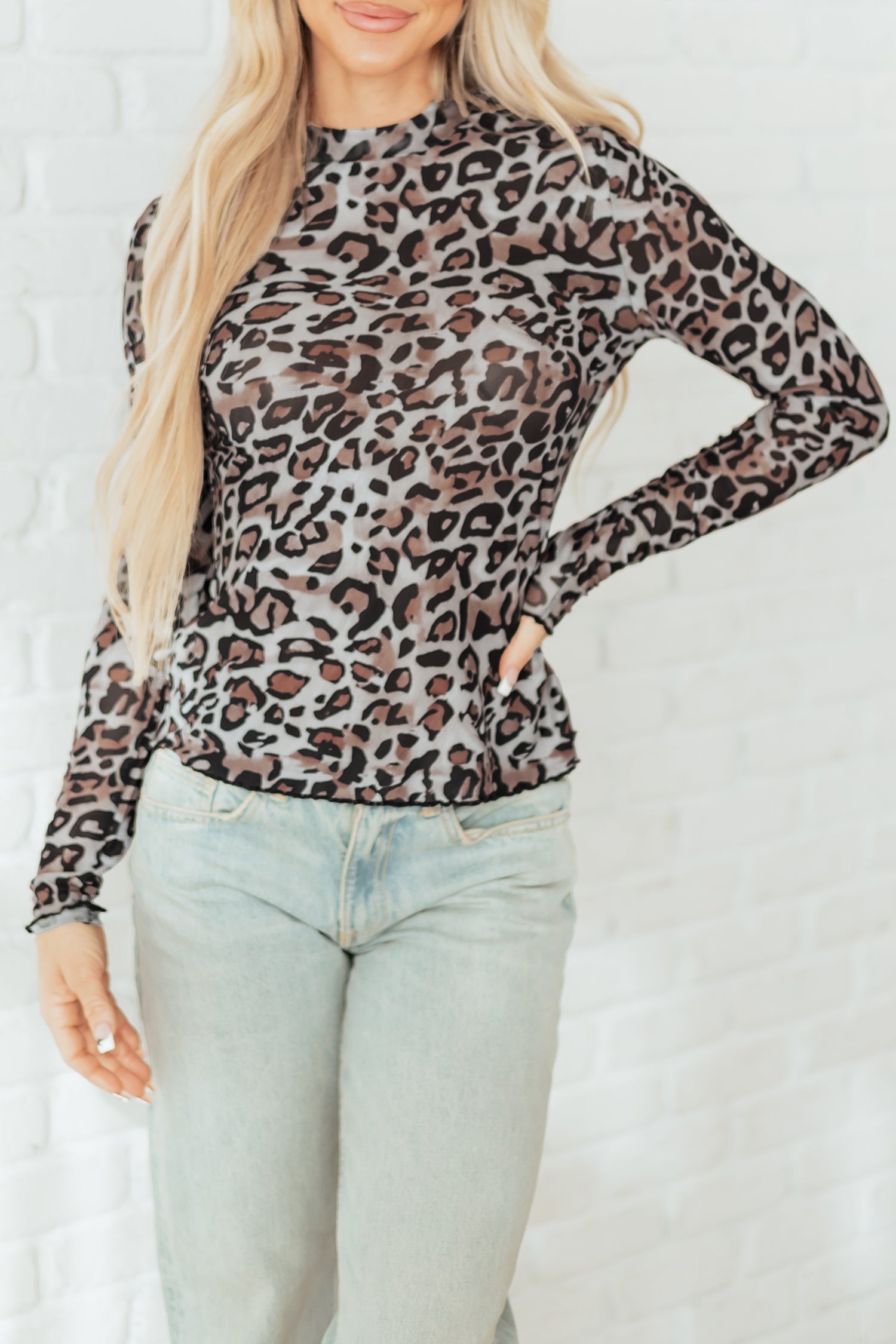 Brown Leopard Mock Neck Mesh Long Sleeve Top-Tops/Long Sleeve Tops-[Adult]-[Female]-2022 Online Blue Zone Planet