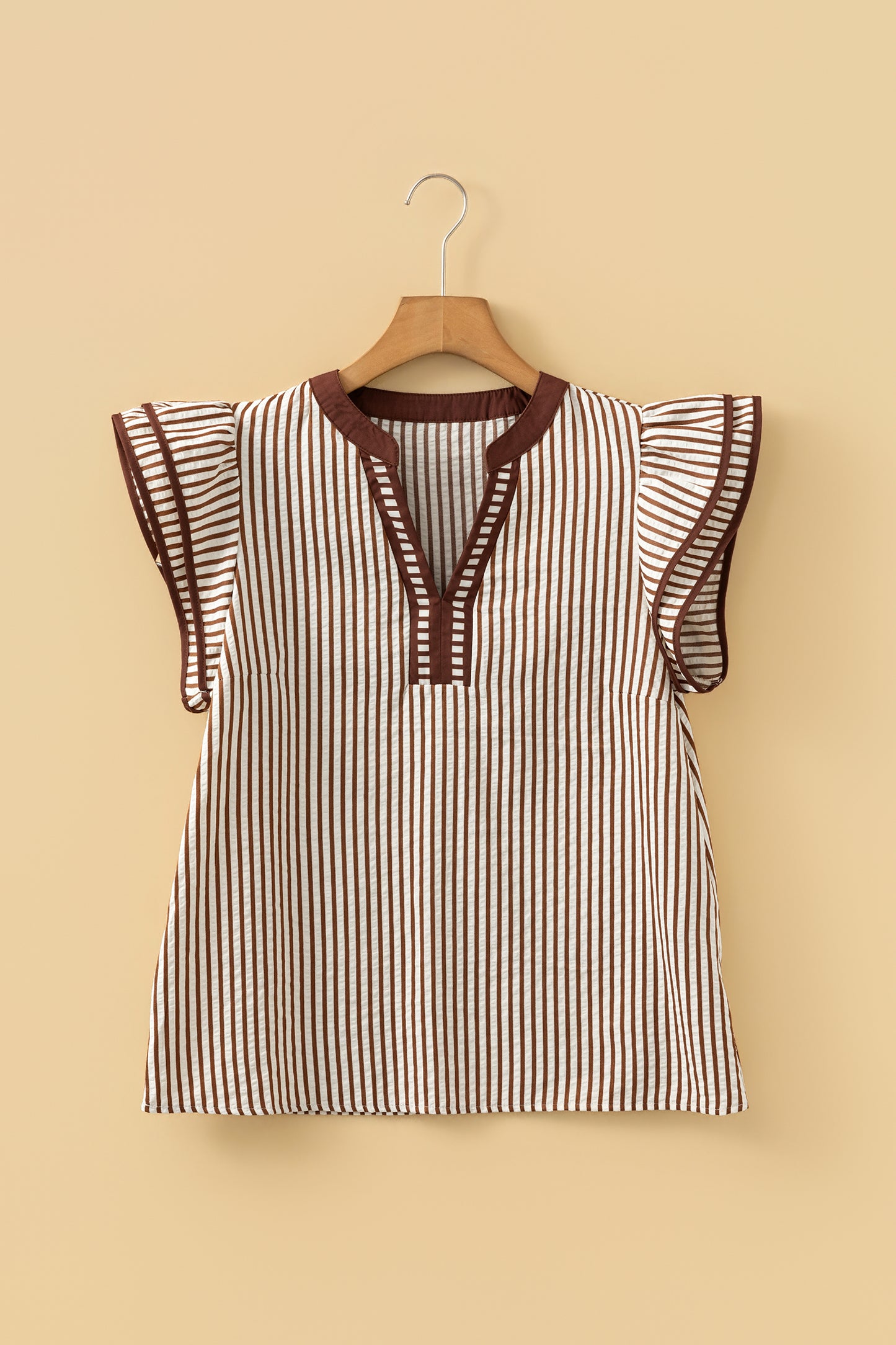 Khaki Stripe Double Ruffled Short Sleeve V Neck Blouse-Tops/Blouses & Shirts-[Adult]-[Female]-2022 Online Blue Zone Planet
