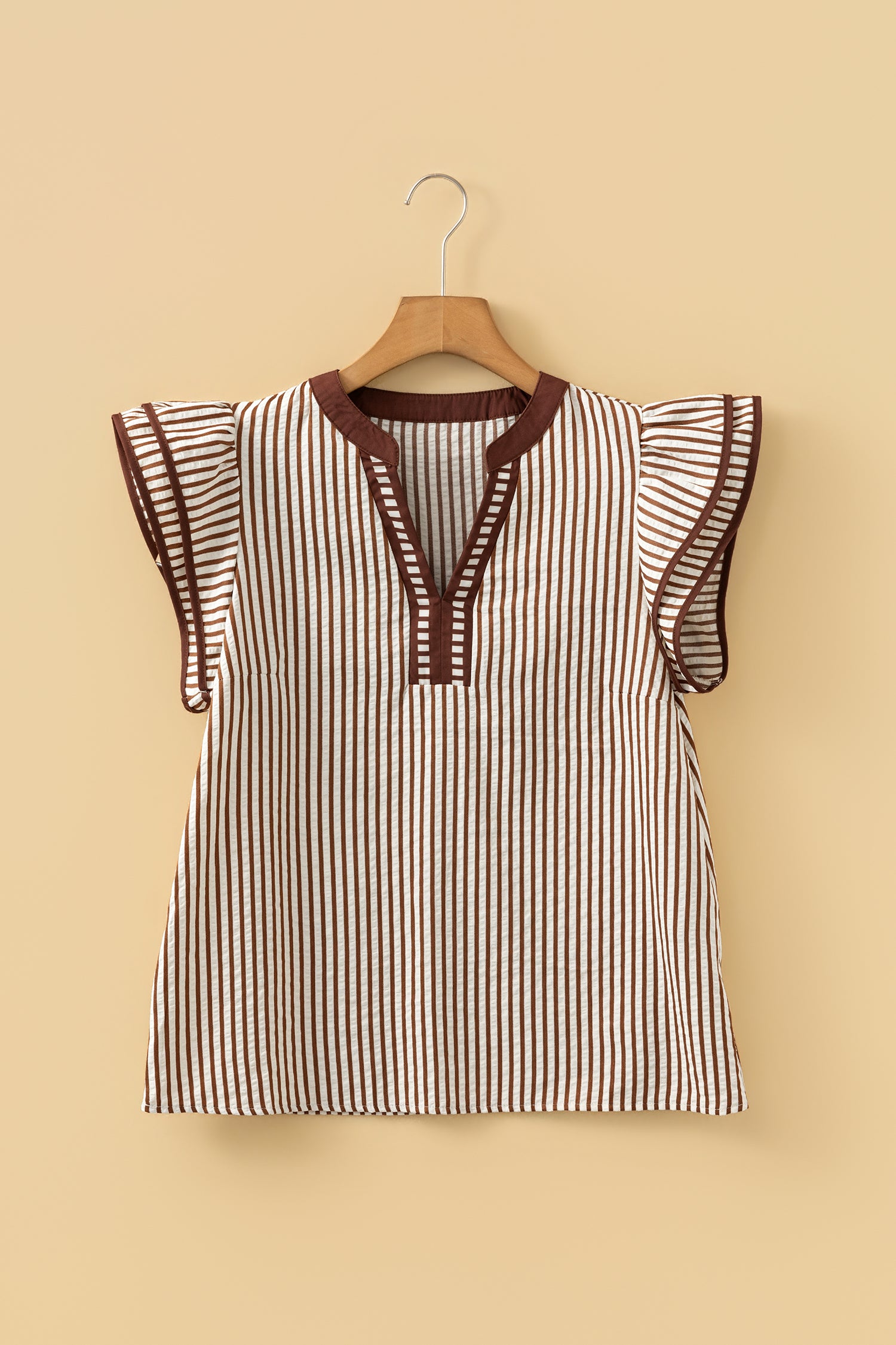 Khaki Stripe Double Ruffled Short Sleeve V Neck Blouse-Tops/Blouses & Shirts-[Adult]-[Female]-2022 Online Blue Zone Planet