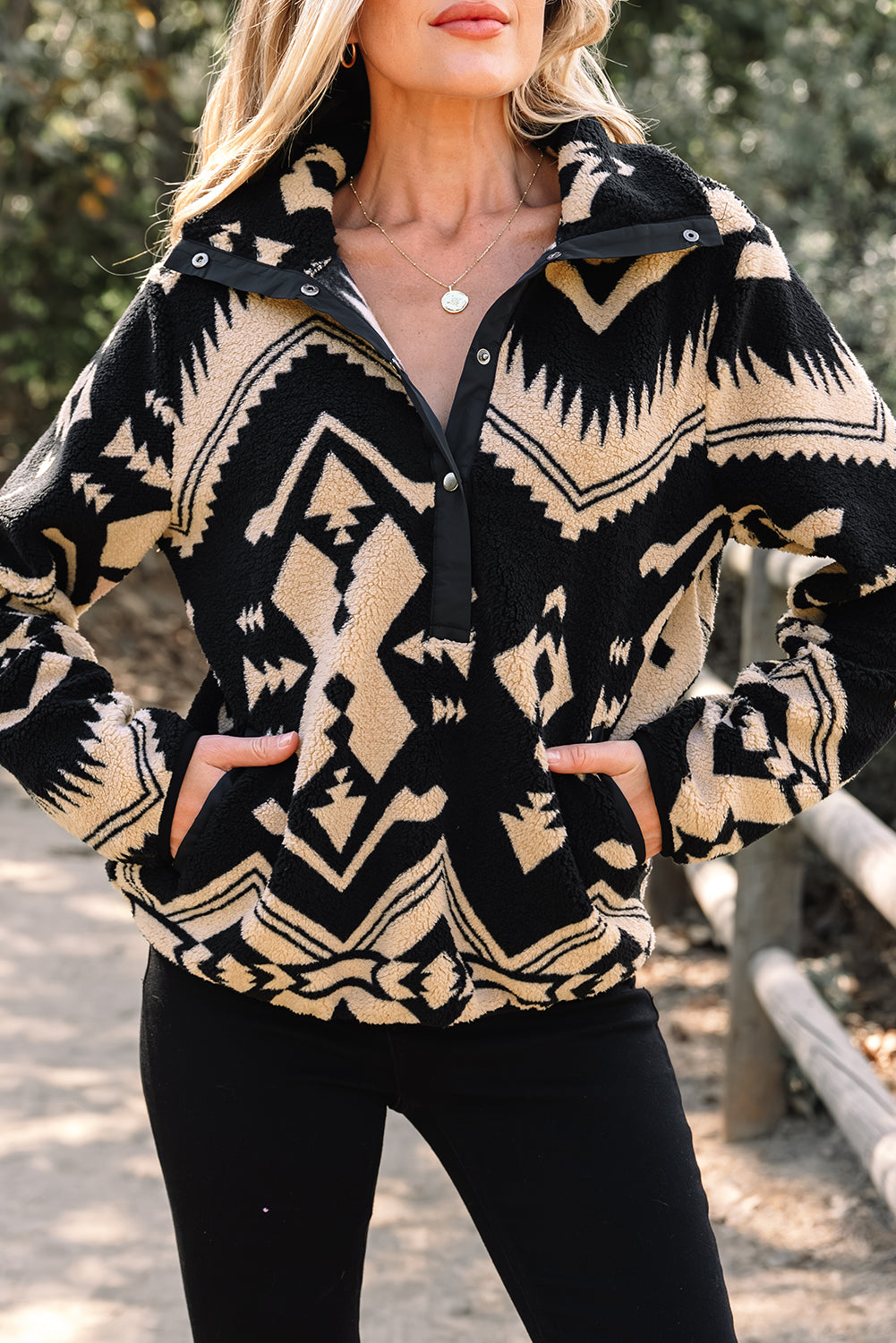 Black Western Aztec Half Zip Plush Sweatshirt-Tops/Sweatshirts & Hoodies-[Adult]-[Female]-2022 Online Blue Zone Planet