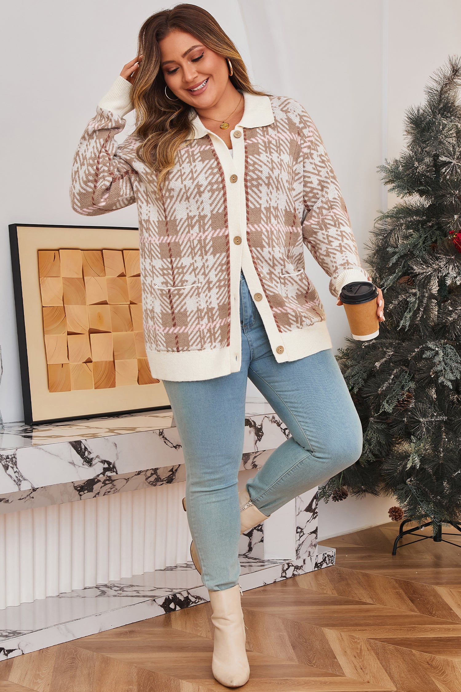 Khaki Vintage Pattern Ribbed Trim Button Front Plus Size Cardigan Sweater-TOPS / DRESSES-[Adult]-[Female]-2022 Online Blue Zone Planet