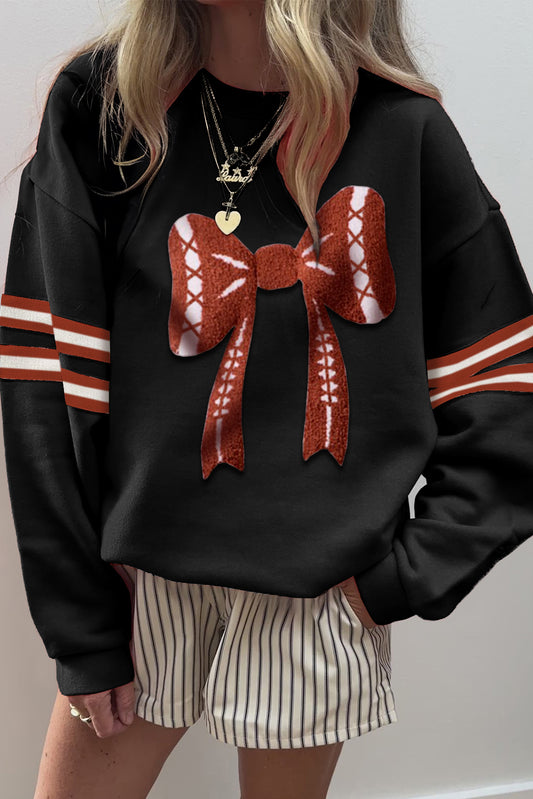 Black Varsity Baseball Bow Graphic Striped Sleeve Baggy Sweatshirt-Tops/Sweatshirts & Hoodies-[Adult]-[Female]-Black-S-2022 Online Blue Zone Planet
