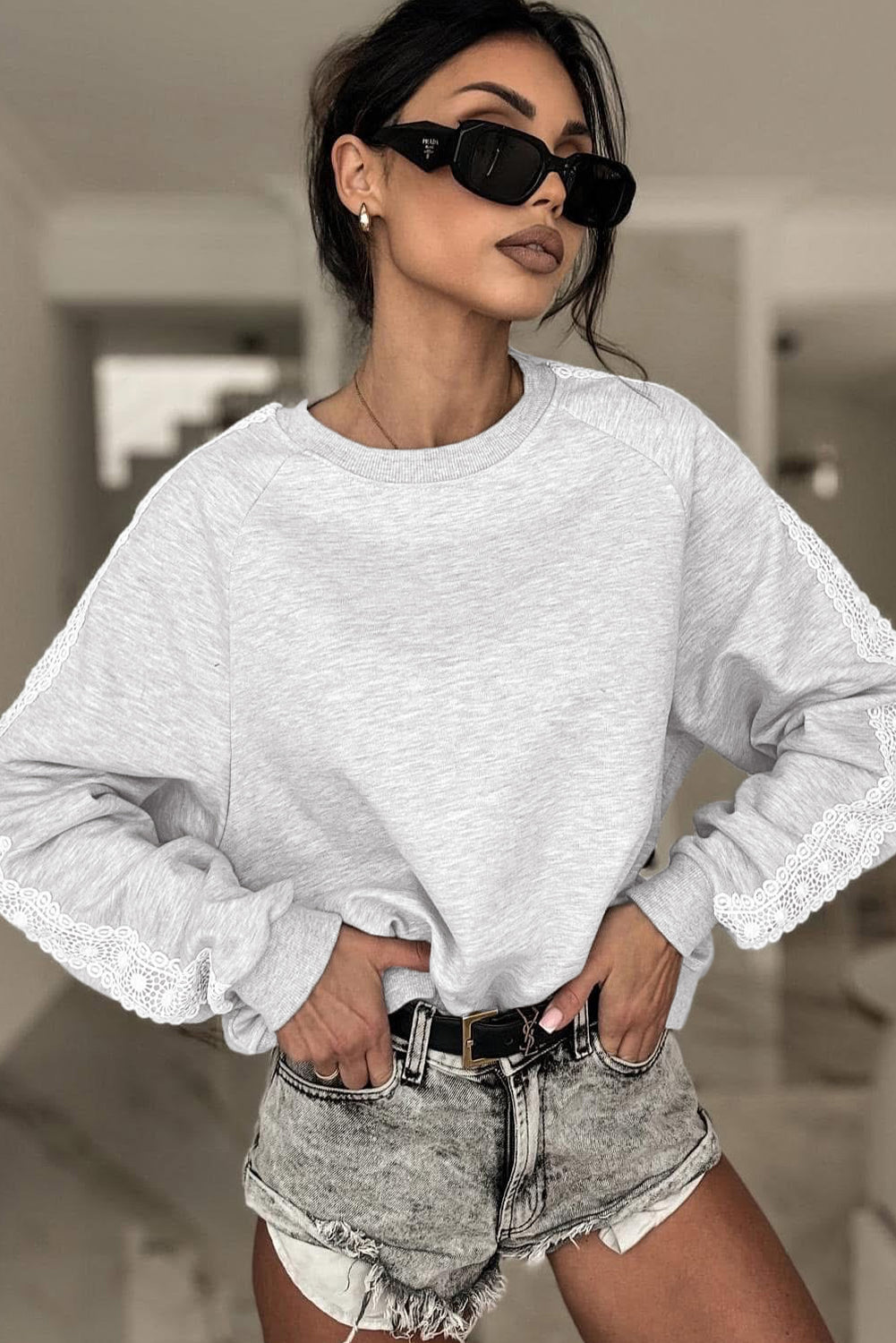 Light Grey Lace Patchwork Raglan Sleeve Crew Neck Sweatshirt-Tops/Sweatshirts & Hoodies-[Adult]-[Female]-2022 Online Blue Zone Planet