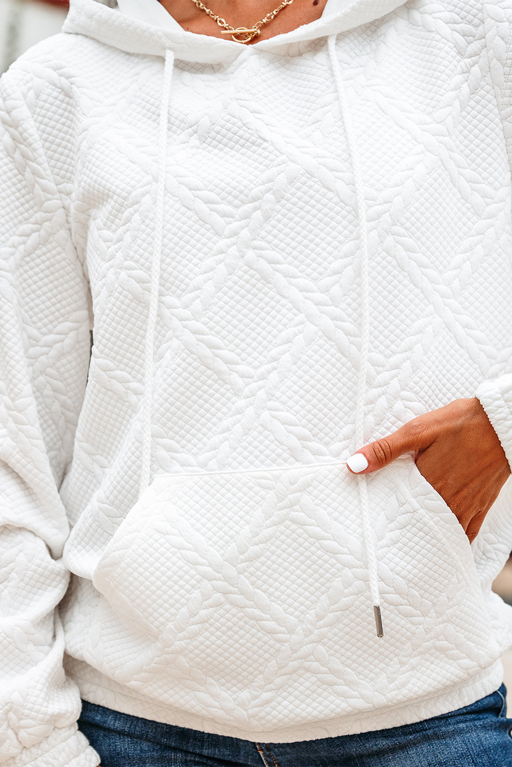 White Cable Lattice Texture Kangaroo Pocket Hoodie-Tops / Dresses-[Adult]-[Female]-2022 Online Blue Zone Planet