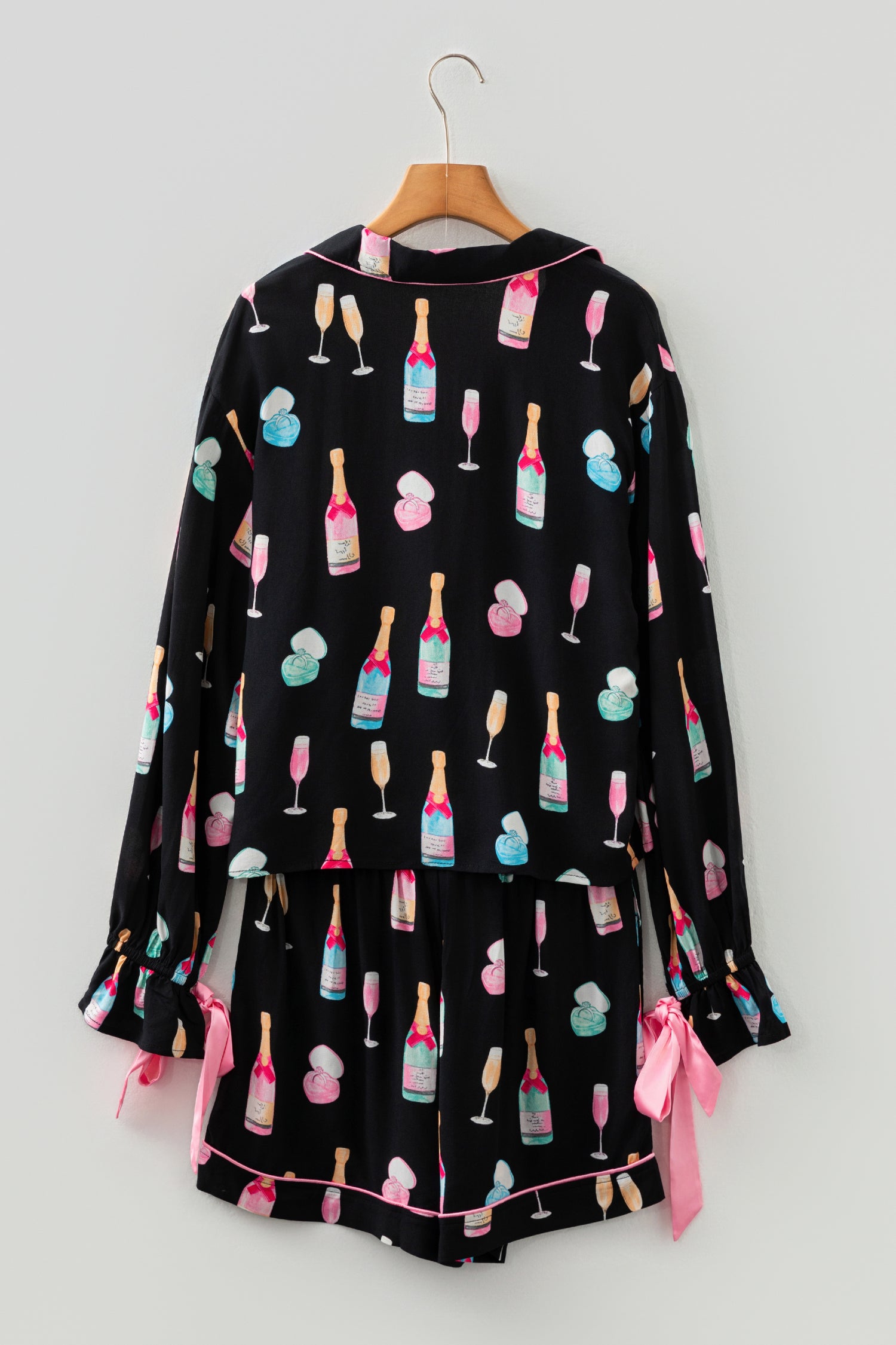 Color black Christmas Wine Glass Print Bow Knot Two Piece Pajama Set-Sleepwear-[Adult]-[Female]-2022 Online Blue Zone Planet