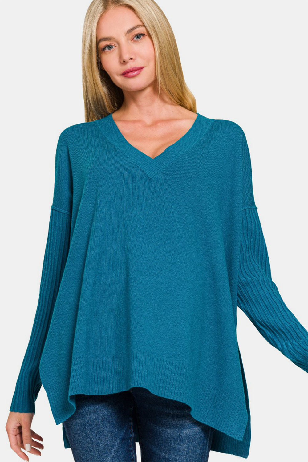 Zenana V-Neck Side Slit High-Low Sweater-TOPS / DRESSES-[Adult]-[Female]-2022 Online Blue Zone Planet