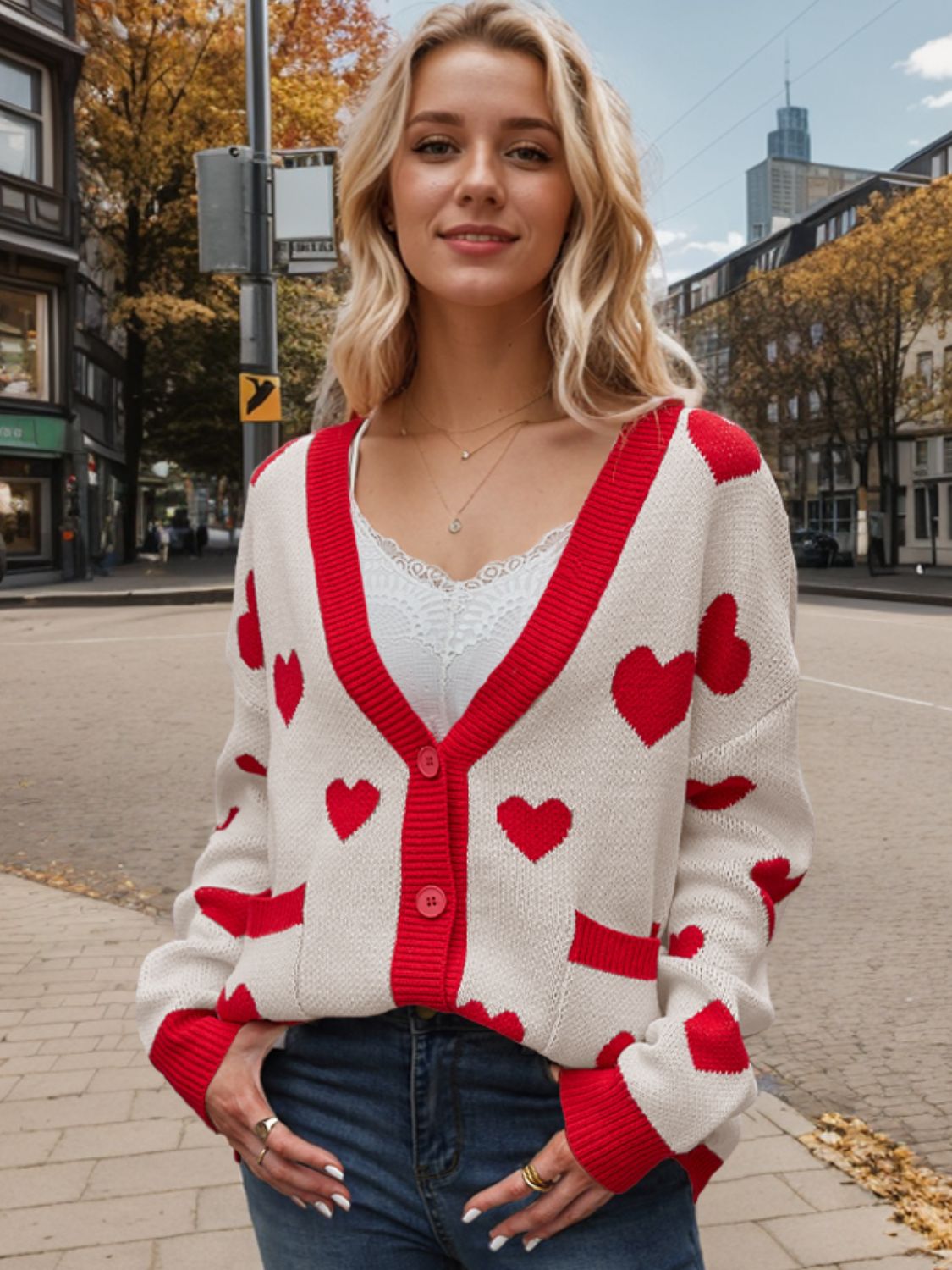 Heart Button Up Dropped Shoulder Long Sleeve Cardigan-TOPS / DRESSES-[Adult]-[Female]-Beige-S-2022 Online Blue Zone Planet