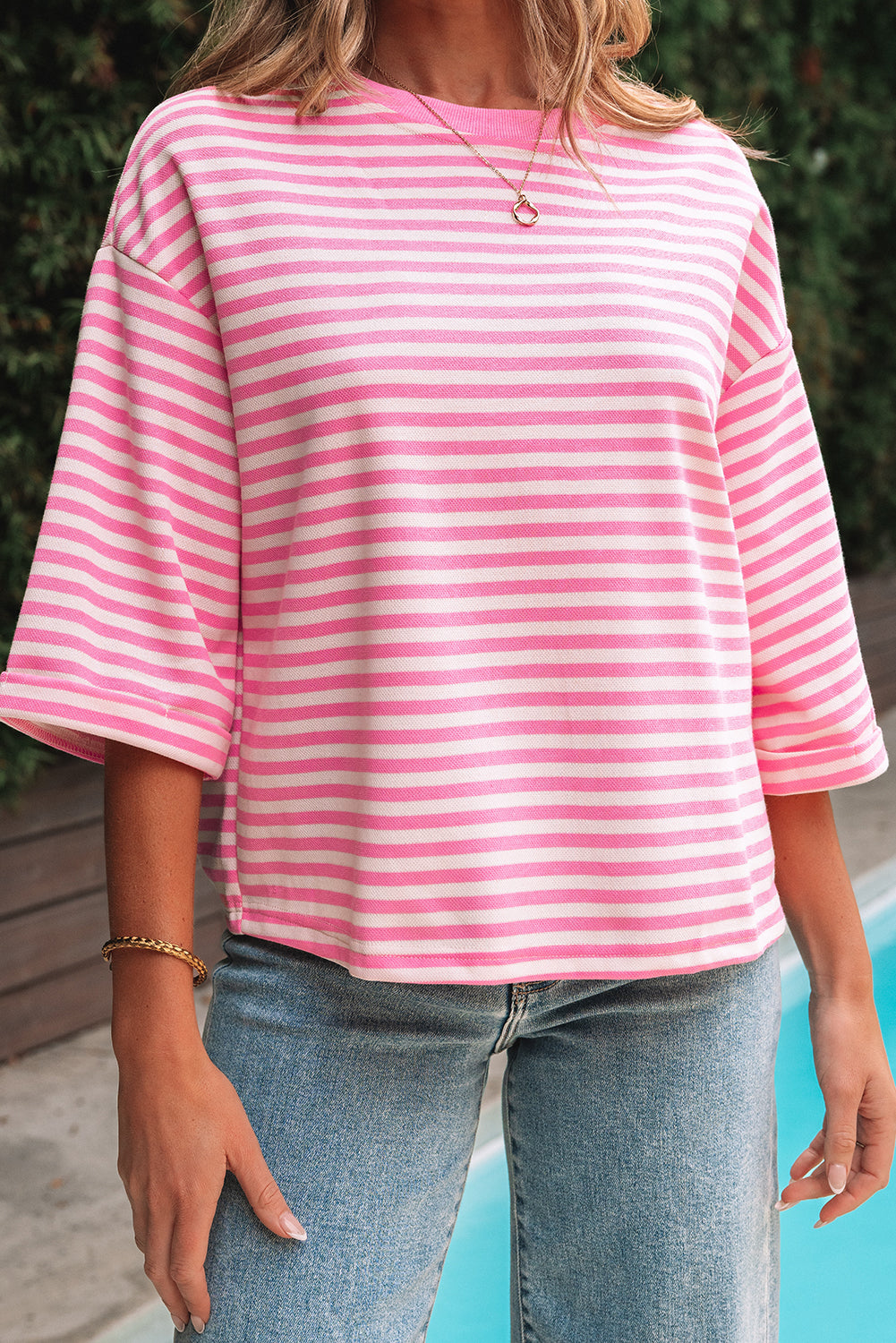 Pink Stripe Bowknot Cutout Back Drop Shoulder Wide Bracelet Sleeve Loose Tee-Tops/Tops & Tees-[Adult]-[Female]-2022 Online Blue Zone Planet
