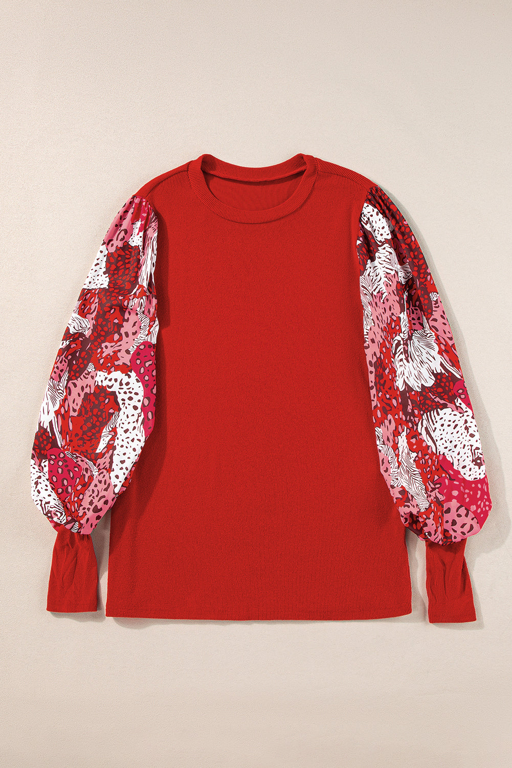 Fiery Red Contrast Mixed Animal Print Lantern Sleeve Patchwork Top-Tops/Long Sleeve Tops-[Adult]-[Female]-2022 Online Blue Zone Planet