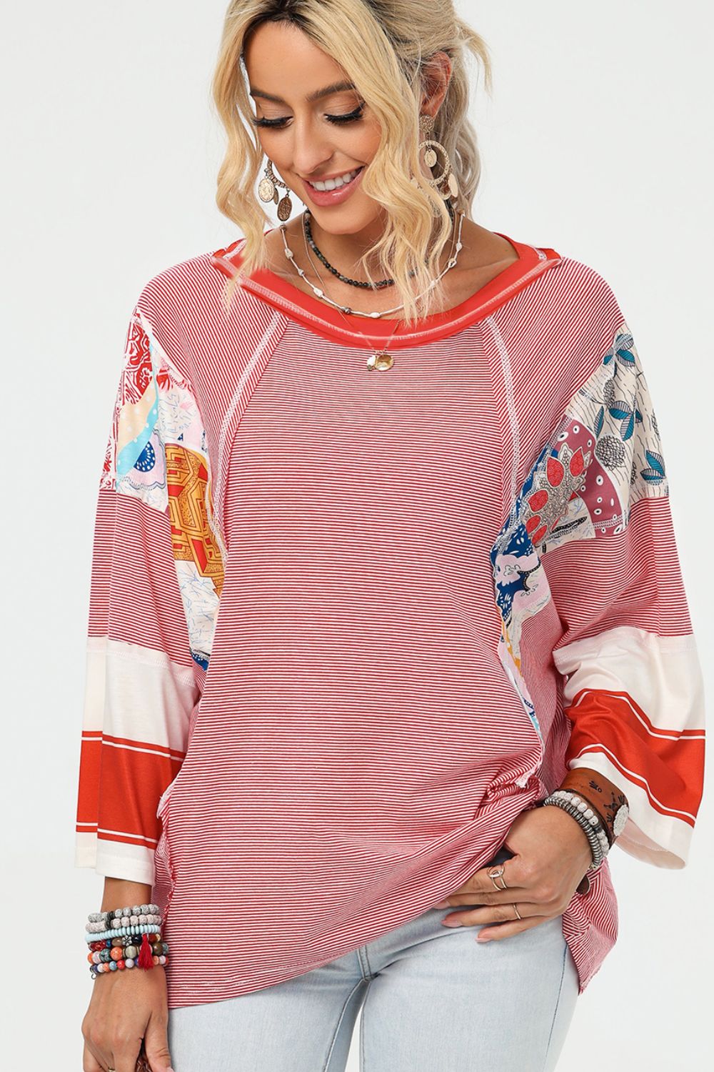 Striped Floral Patchwork Round Neck Top-TOPS / DRESSES-[Adult]-[Female]-2022 Online Blue Zone Planet