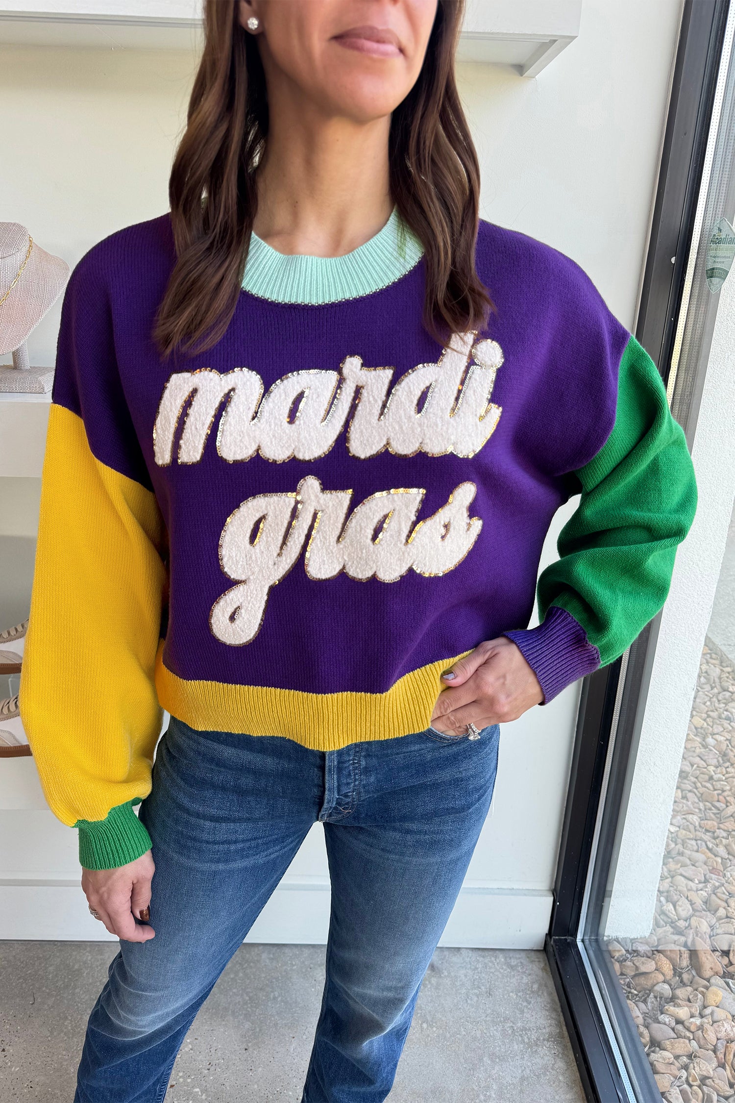 Tillandsia Purple Colorblock Patchwork Fuzzy Mardi Gras Graphic Sweater-TOPS / DRESSES-[Adult]-[Female]-2022 Online Blue Zone Planet
