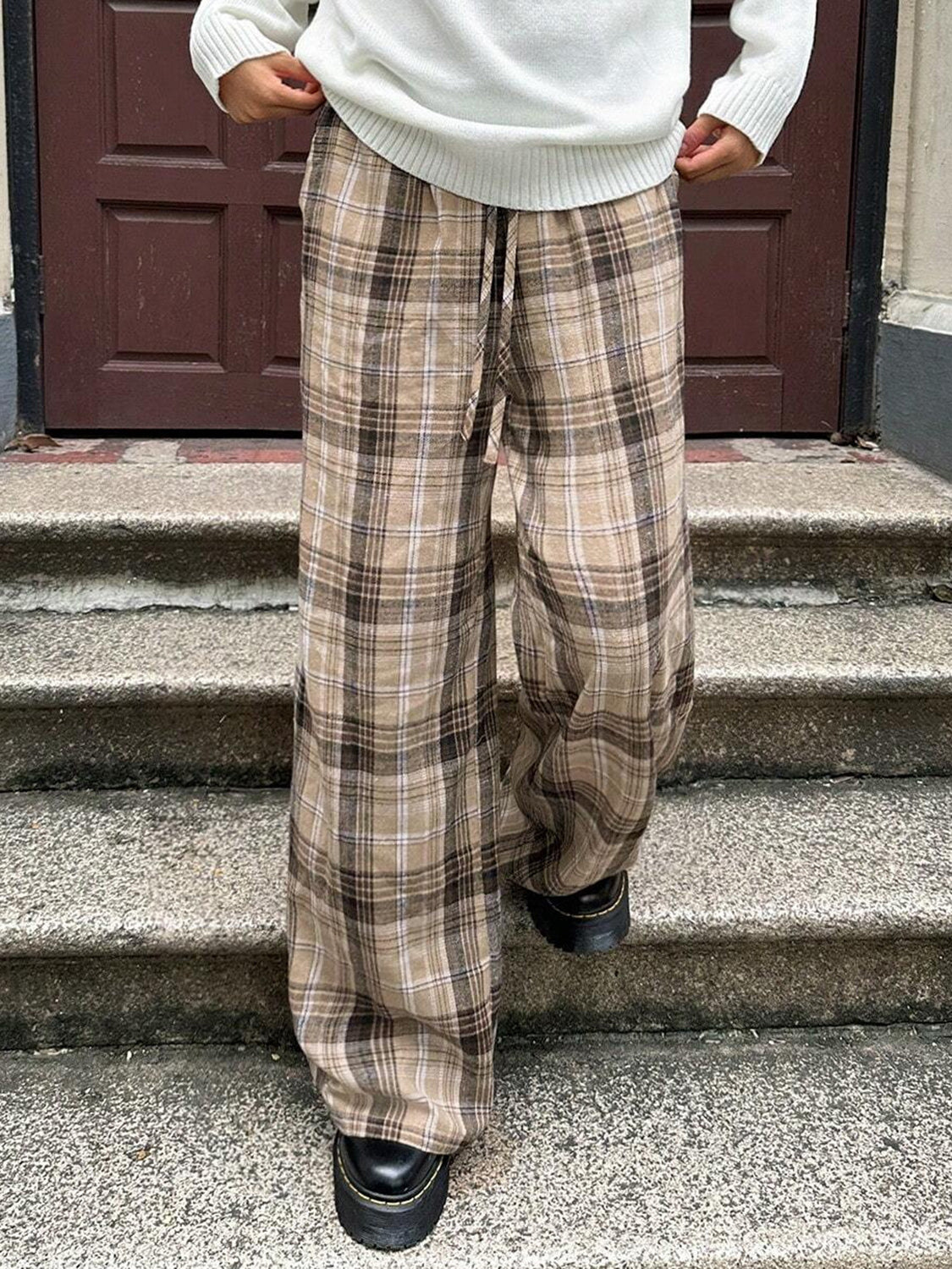 Drawstring Plaid Wide Leg Pants-BOTTOMS SIZES SMALL MEDIUM LARGE-[Adult]-[Female]-2022 Online Blue Zone Planet