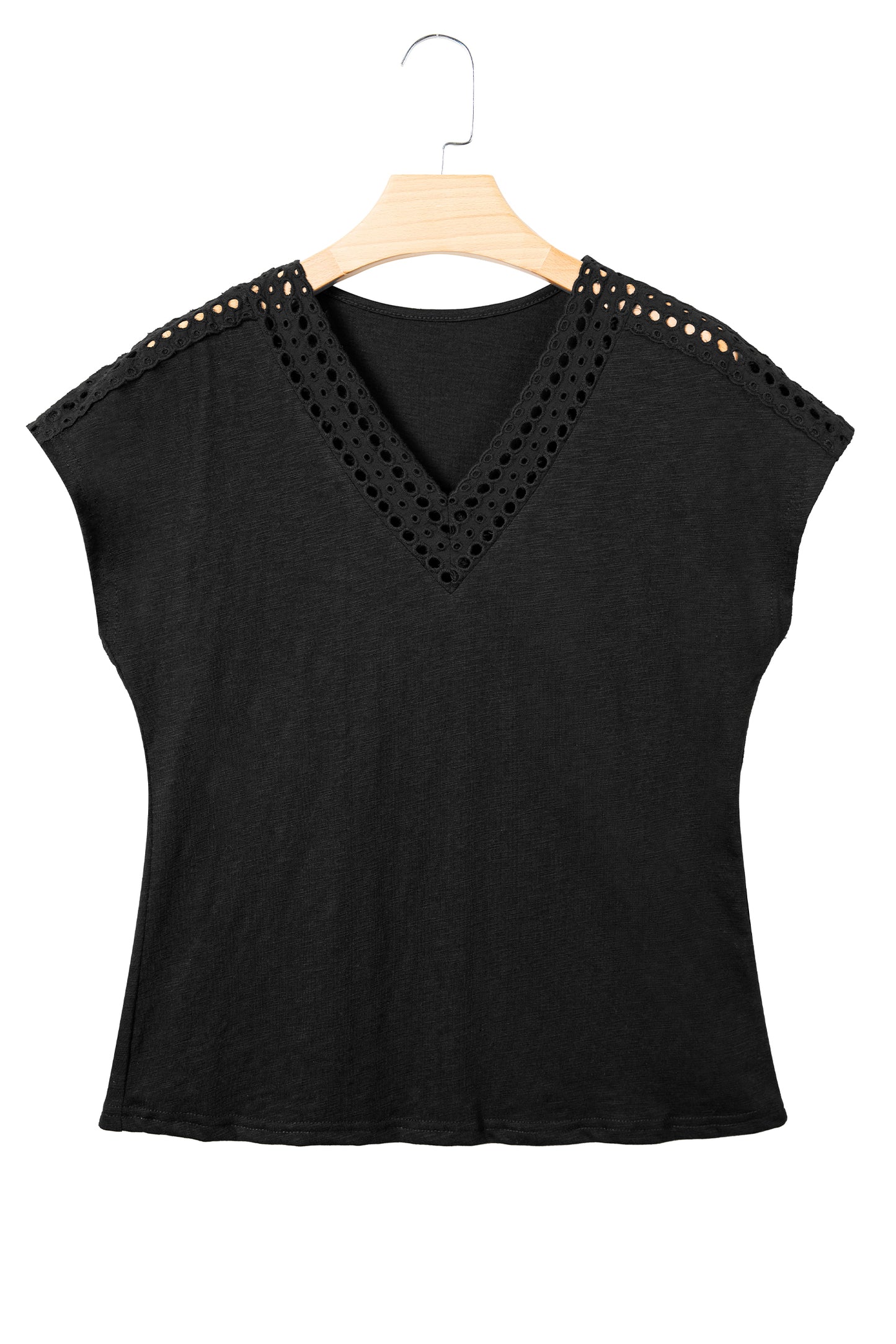 Black Cutout Embroidered Trim V Neck Cap Sleeve Tee-Tops/Tops & Tees-[Adult]-[Female]-2022 Online Blue Zone Planet