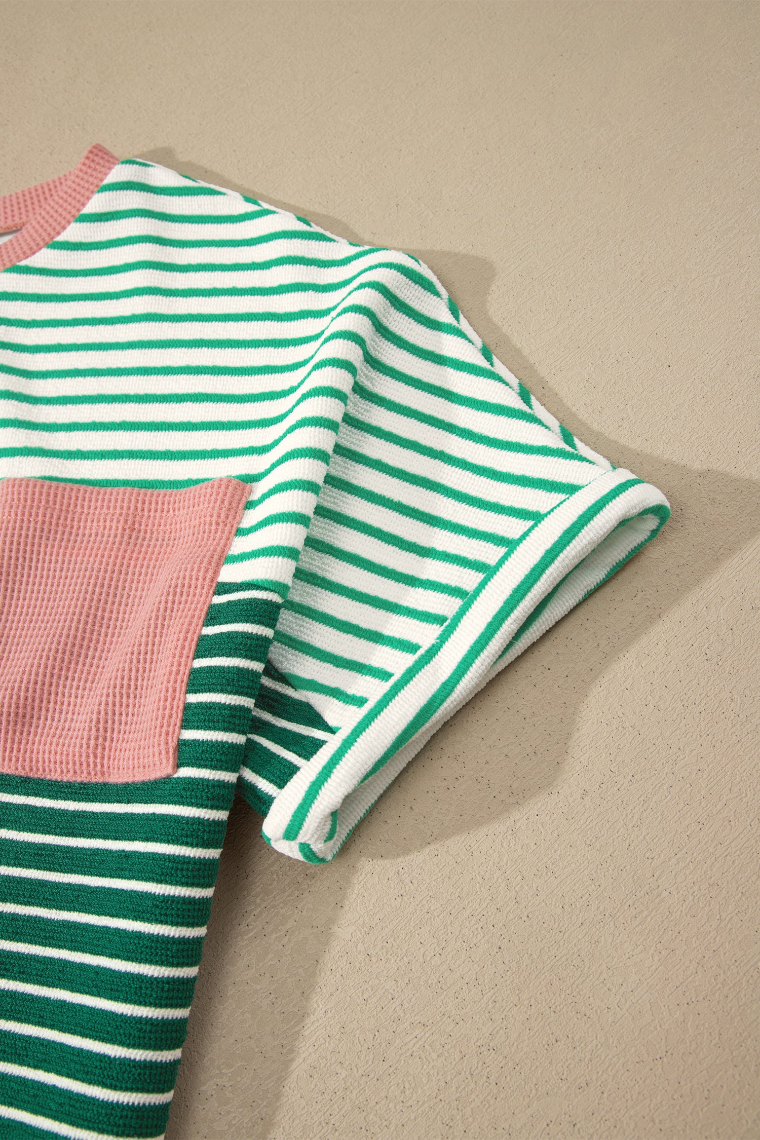 Green Stripe Contrast Print Color Block Detail Relaxed Tee-Tops/Tops & Tees-[Adult]-[Female]-2022 Online Blue Zone Planet