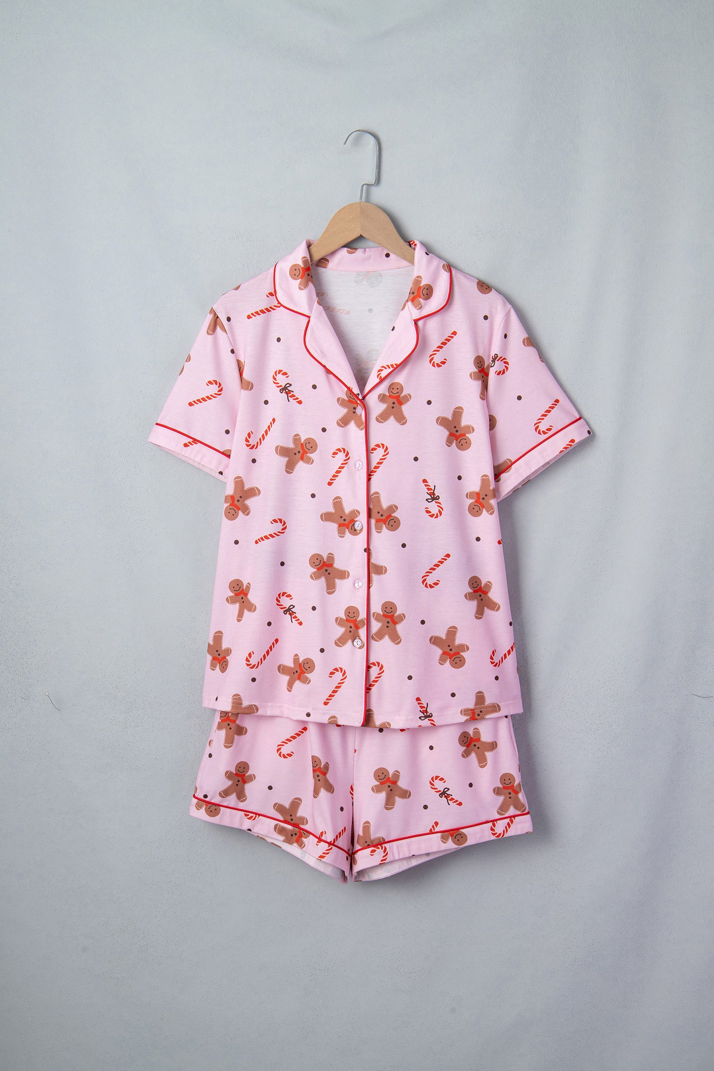 Pink Short Sleeve Placket Shell Button Elastic Waist Lounge Set-Loungewear & Sleepwear/Loungewear-[Adult]-[Female]-2022 Online Blue Zone Planet