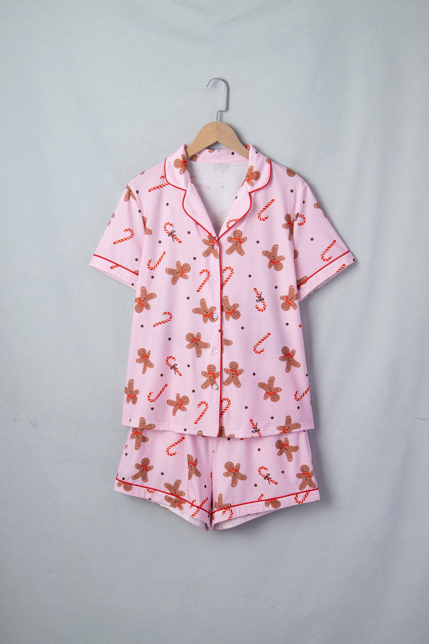 Pink Short Sleeve Placket Shell Button Elastic Waist Lounge Set-Loungewear & Sleepwear/Loungewear-[Adult]-[Female]-2022 Online Blue Zone Planet