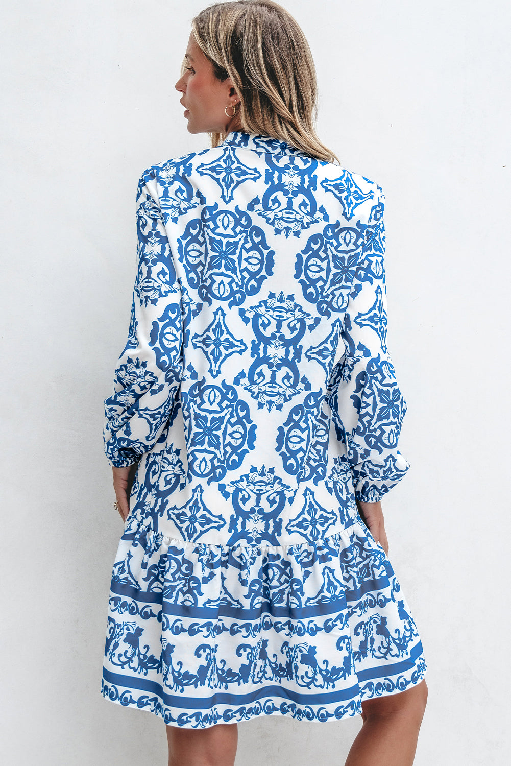 Blue Zone Planet | Sky Blue Tribal Print Button Up Notch Neck Loose Mini Dress-TOPS / DRESSES-[Adult]-[Female]-2022 Online Blue Zone Planet